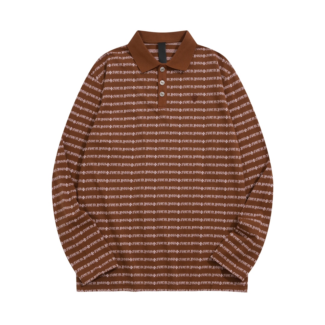 New Arrival: Chrome Hearts C2023FW CH Jacquard Striped Polo Long-Sleeve T-Shirt. Custom-dyed jacquard cross fabric, four colors available. Custom buttons on the neckline, embroidered chest, custom-dyed ribbed fabric. Sizes: S-L. Unisex.