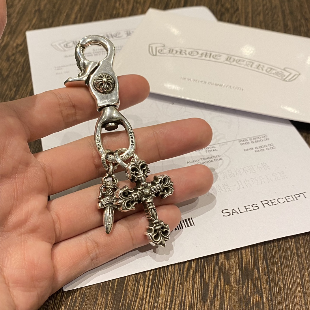 Chrome HeartsKeychain with Flaming Cross and Ring SwordAuthentic replica, genuine antique engraving, anodized texture