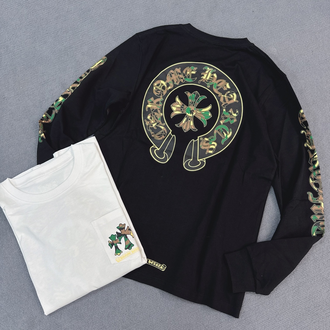 Chrome Hearts Camouflage Horseshoe Long-Sleeve ShirtFurniture: Custom-woven and dyed 40% count 230g pure cotton, single-sided reactive dyeing. The entire garment features a hand-printed thermosetting ink, resulting in a slightly matte finish rather