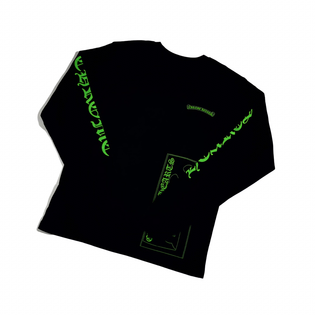 Chrome Hearts Minami Aoyama Limited Edition Long-Sleeve T-ShirtMade from a custom-woven and dyed 200g reactive black fabric. The all-over print uses the same thermosetting oil material, resulting in perfect color brightness and feel. Sizes: S-XL, u