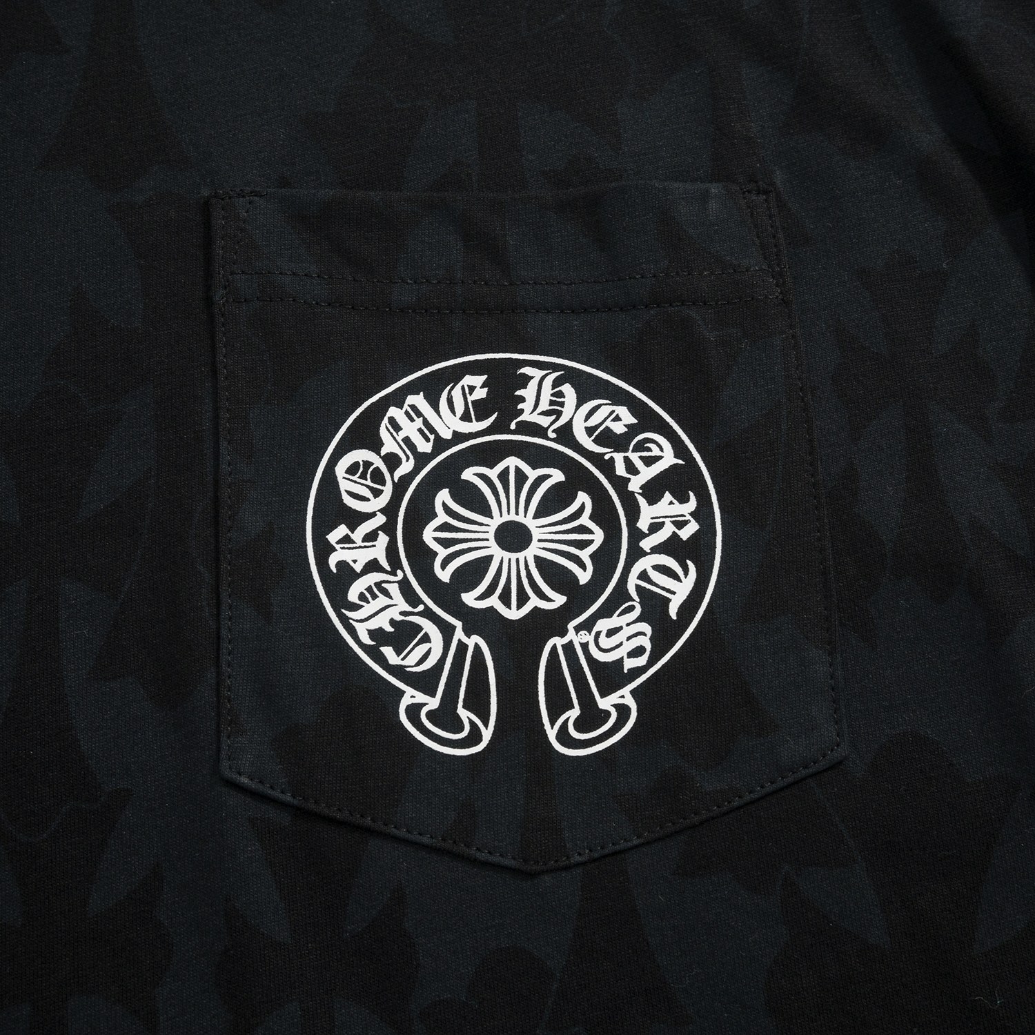 CH Chrome Hearts Long-Sleeve T-Shirt with Dark Cross PrintCustom-dyed fabric; horseshoe print on the chest pocket; scroll and Sanskrit print on the back; cross print on the shouldersSizes: S, M, L