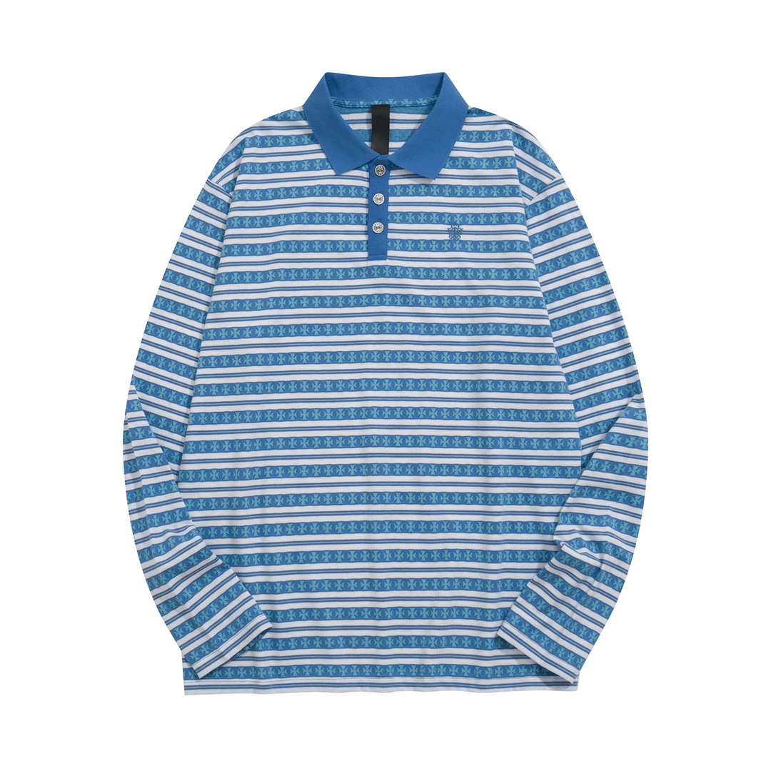 New Arrival: Chrome Hearts C2023FW CH Jacquard Striped Polo Long-Sleeve T-Shirt. Custom-dyed jacquard cross fabric, four colors available. Custom buttons on the neckline, embroidered chest, custom-dyed ribbed fabric. Sizes: S-L. Unisex.