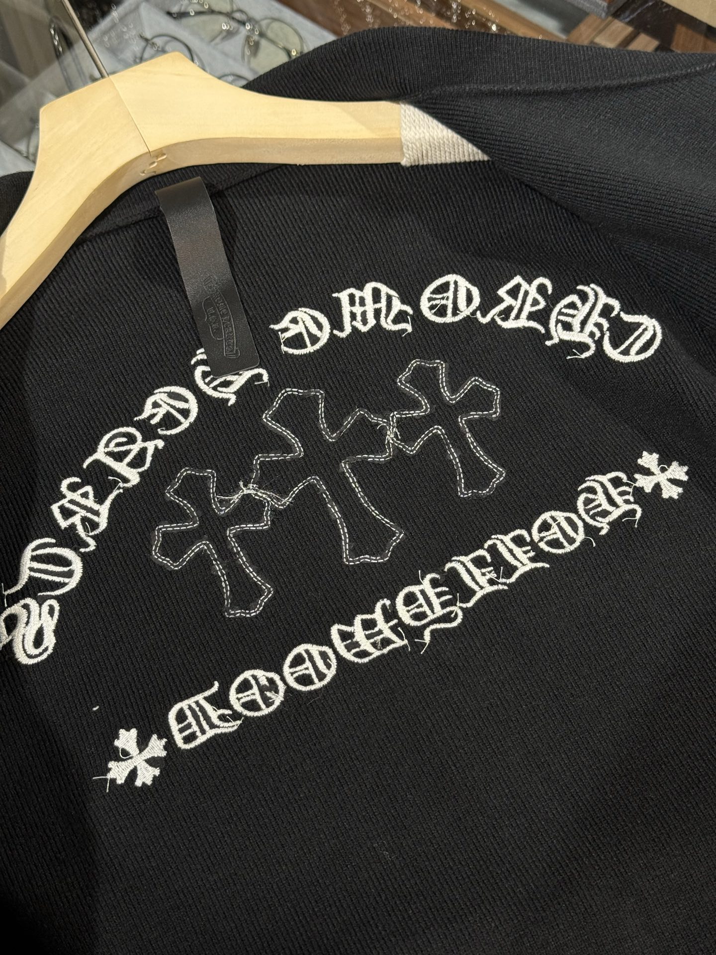 Chrome Hearts Black Cashmere Cardigan with Cross Applique and Sanskrit Embroidery; Oversized Silver Button CardiganSize: S M L