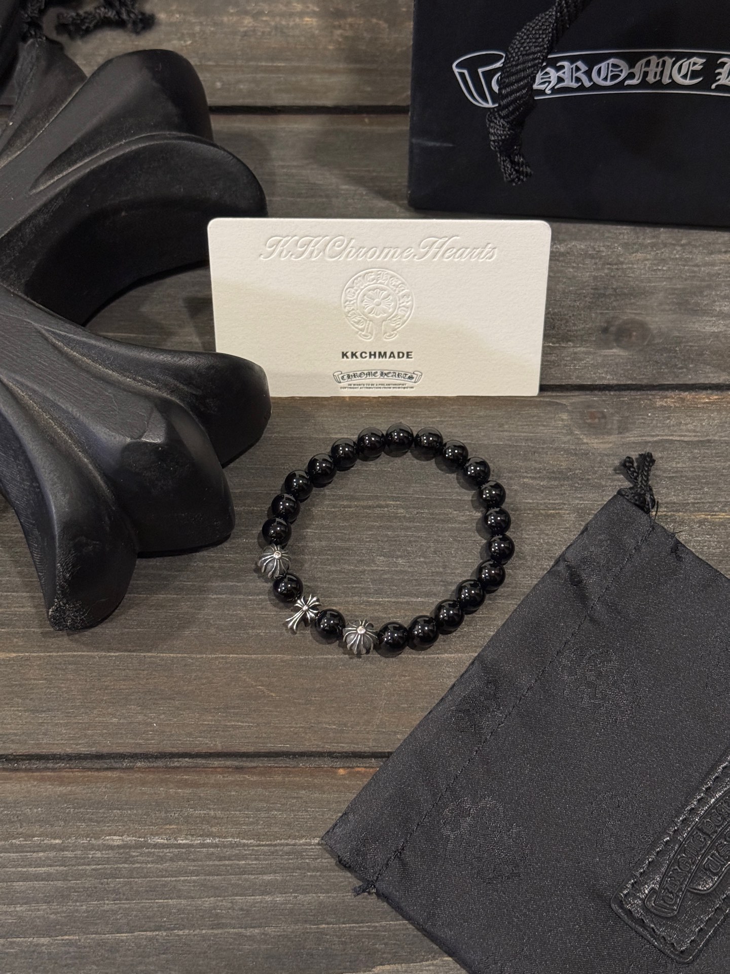 Customer order: Obsidian Cross 3-Silver Bead Bracelet