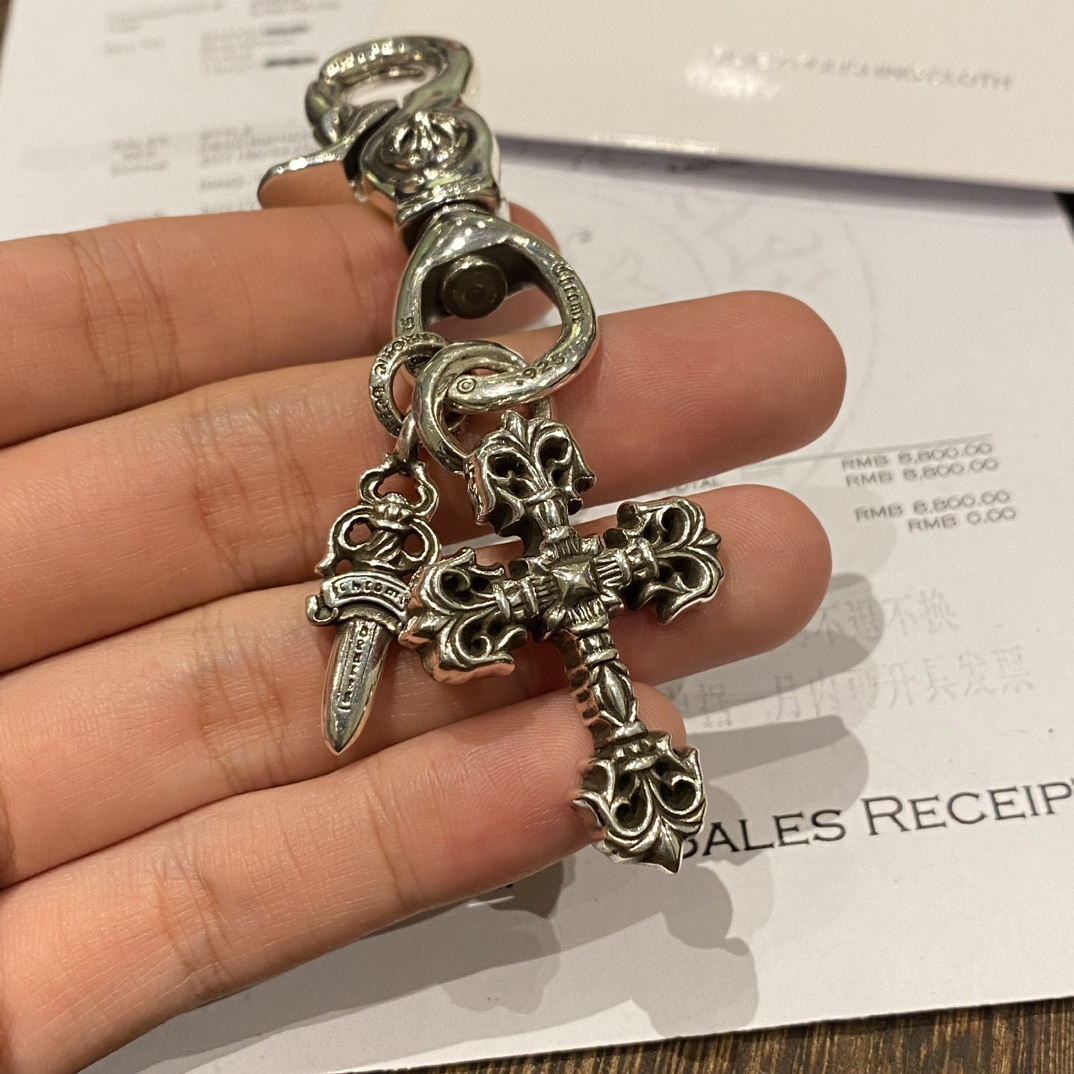 Chrome HeartsKeychain with Flaming Cross and Ring SwordAuthentic replica, genuine antique engraving, anodized texture