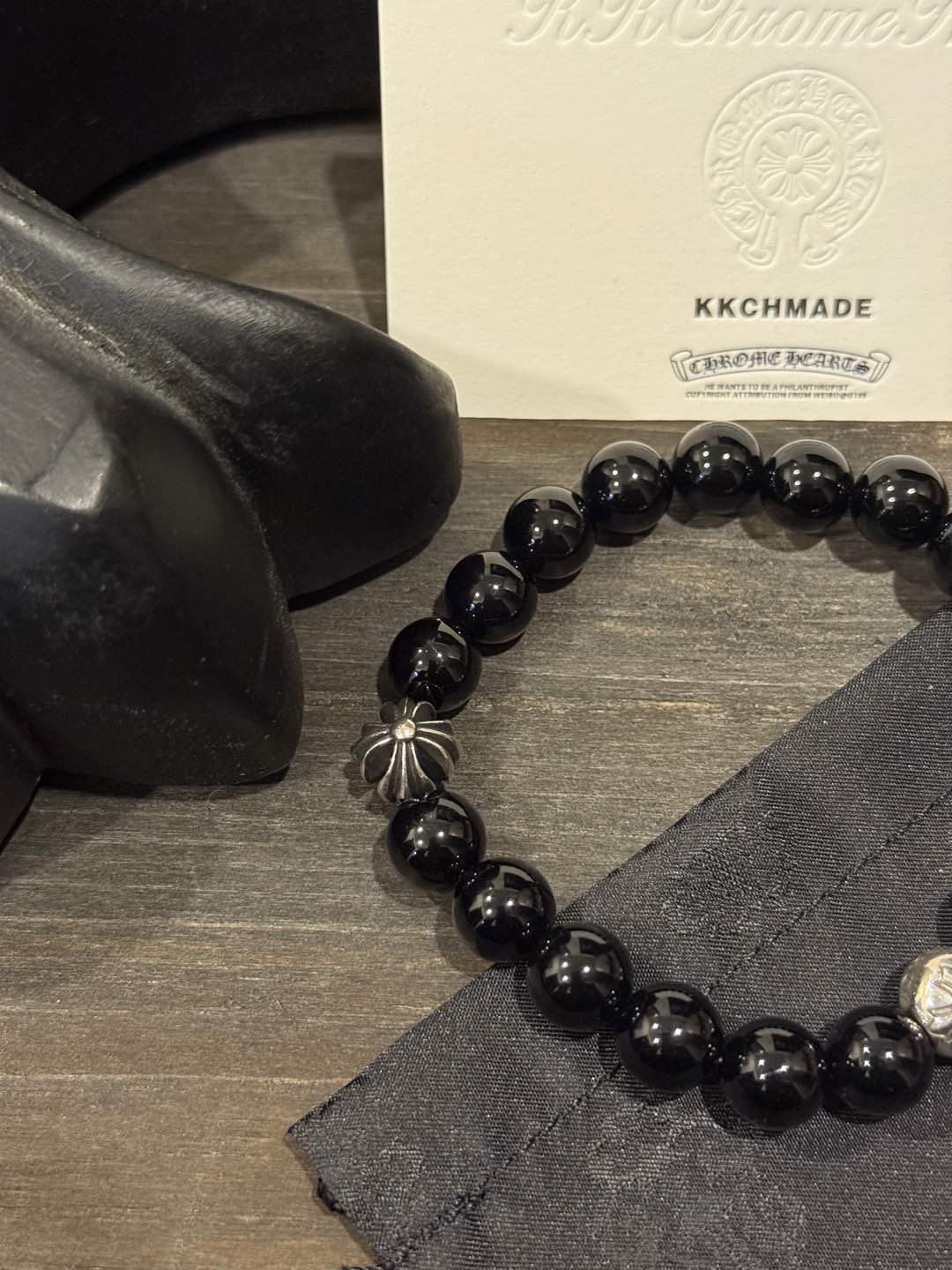 Customer order: Obsidian 4-bead silver cross bracelet