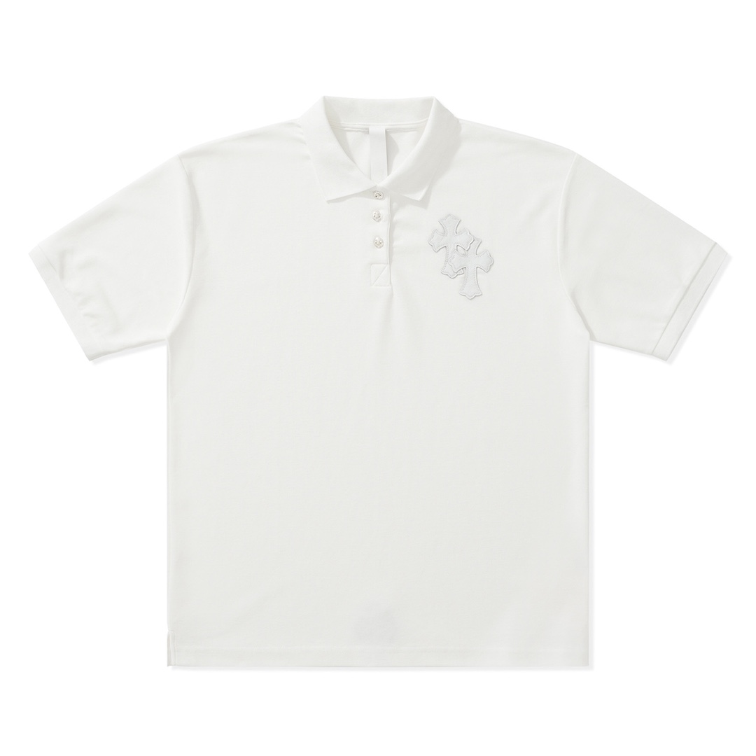 CH Chrome Hearts Exclusive Polo Shirt in Patchwork LeatherThe fabric is made of pique satin, incredibly smooth and comfortable against the skin with a cool feel. It features three top-grain cowhide cross panels on the front and back, and the neck la