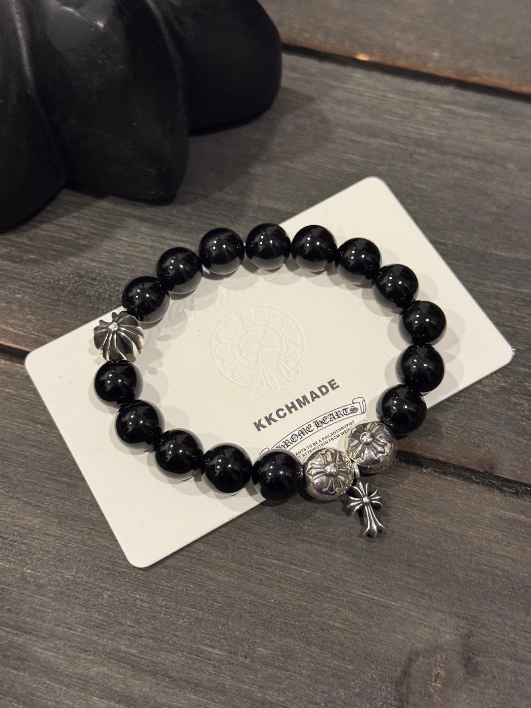 Customer order: Obsidian Cross 4-Silver Bead Bracelet