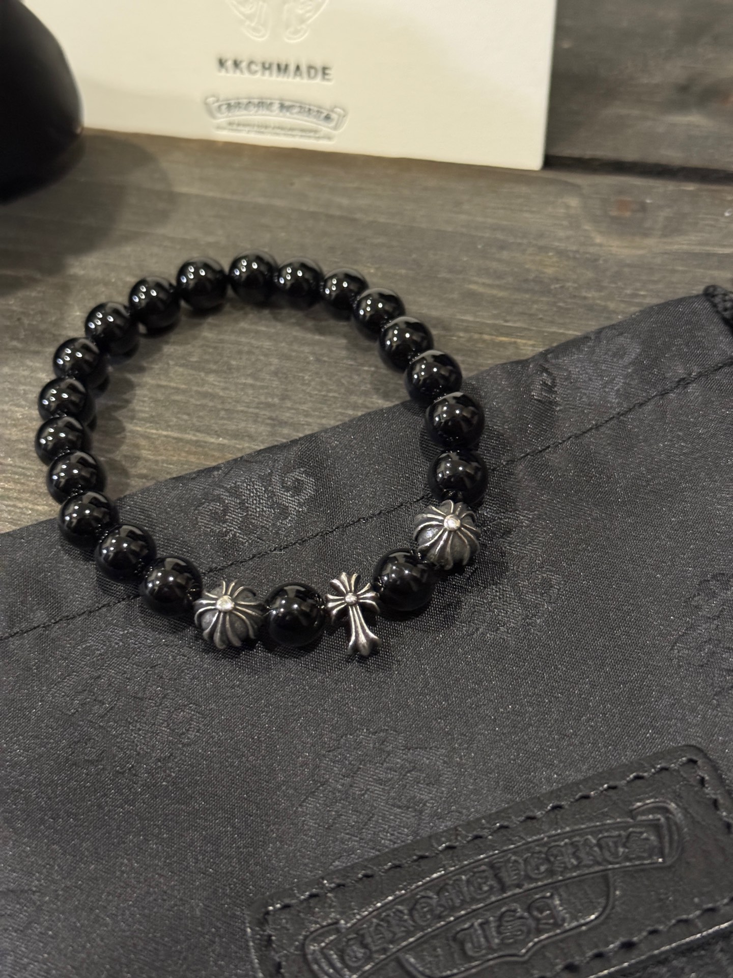 Customer order: Obsidian Cross 3-Silver Bead Bracelet
