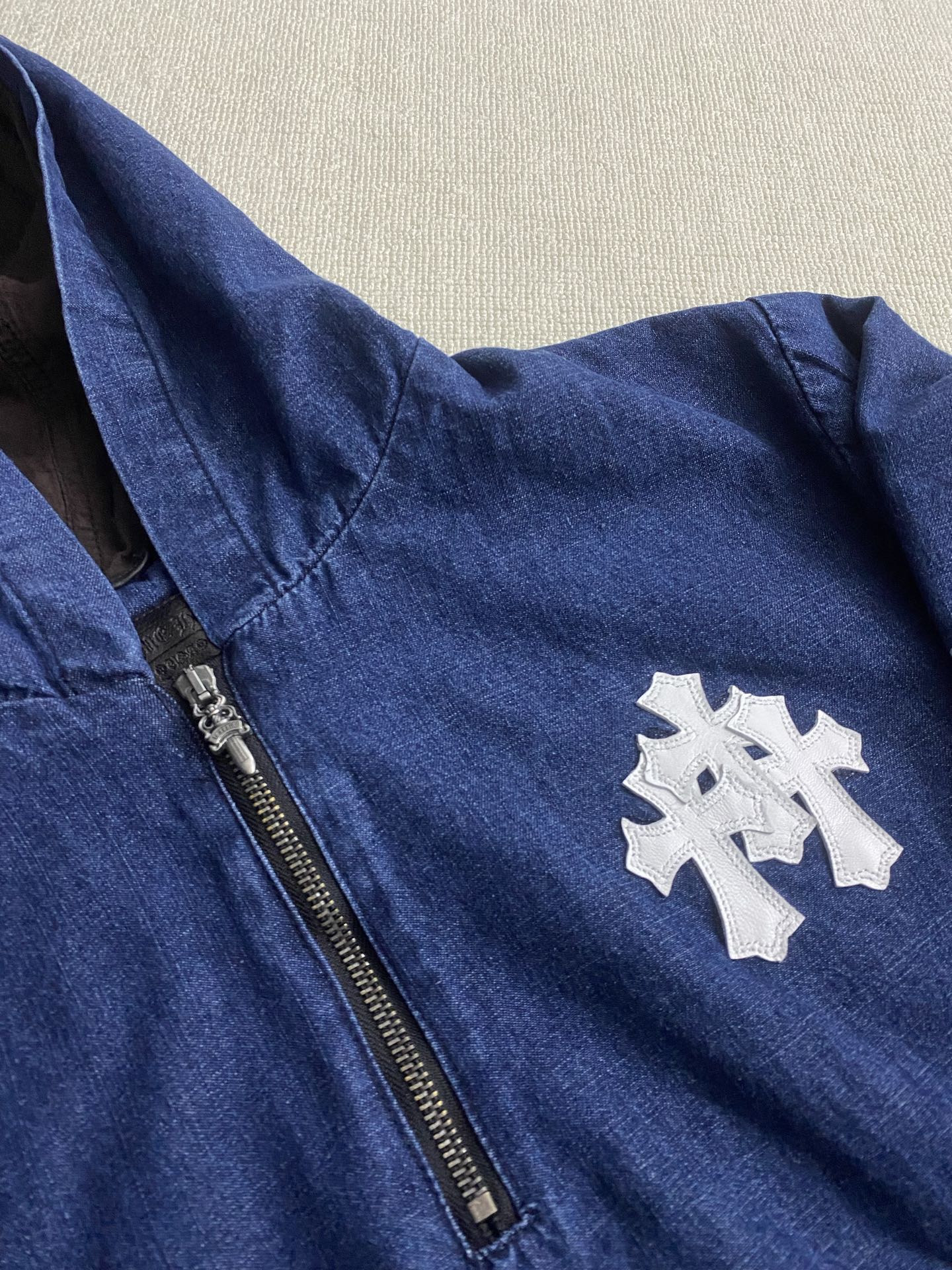 Chrome Hearts Denim Cross-Panel Leather Half-Zip HoodieSize: S M L XL