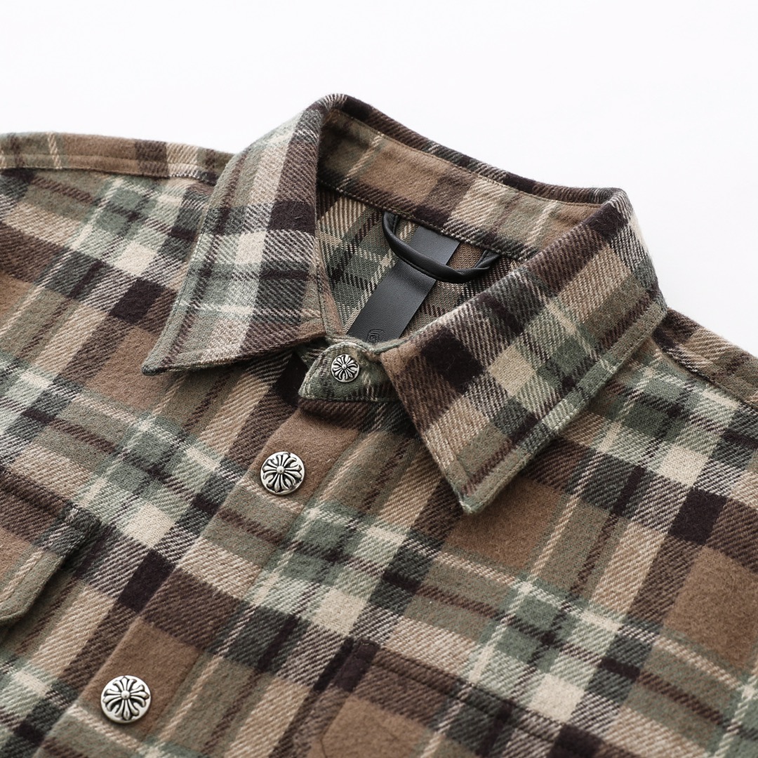 CH New Flannel Plaid Shirt. Made with 11-count double-ply 240g (260g after washing) cotton blend flannel. Features include brushed front, laser infrared positioning, hand-cutting, and all-around alignment. Custom 12mm and 18mm snap buttons, custom 92