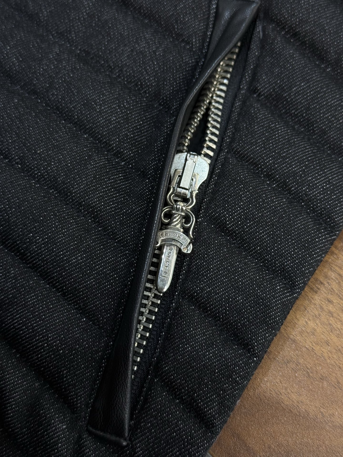 Chrome Heats Leather and Silver Embroidered Cotton Jacket14 silver buttons, 2 silver swords, 1 scroll, 2 scroll base studs. This piece has been discontinued for a long time and is an extremely rare find.Size: S M L