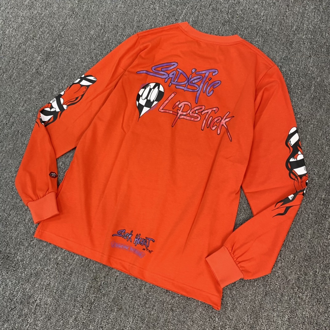 Chrome Hearts' latest Mattyboy series long-sleeved shirt. Made from custom-dyed pure cotton orange-red fabric, printed with imported inks for a three-dimensional effect. The complex coloring process results in high costs. Custom-made to order, perfec