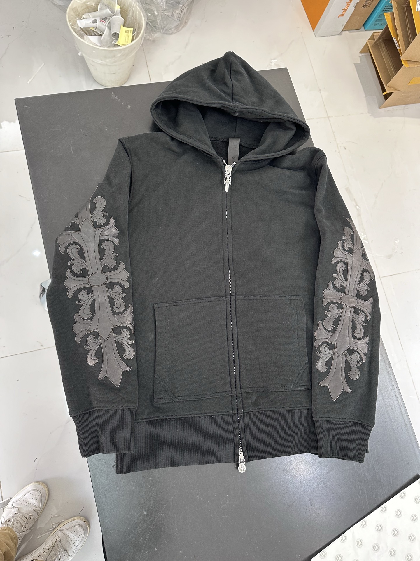 Chrome Hearts Black Handcrafted Double-Arm Vine-Patterned Leather Sweatshirt JacketSizes: XS-XLHardware: White Brass Plated Silver/925 Silver