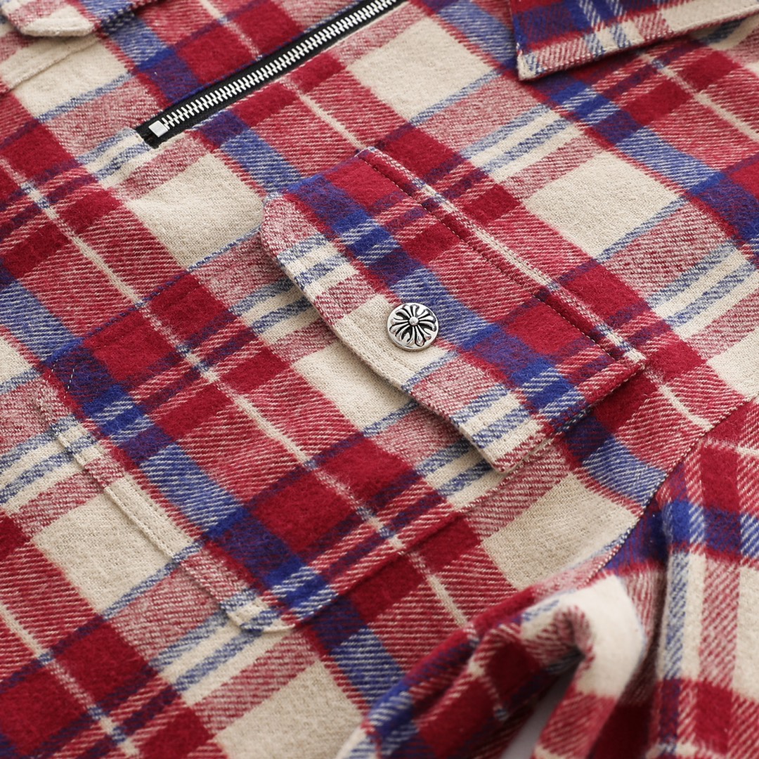 CH New Flannel Plaid Half-Zip Shirt. Made with 11-count double-ply 240g (260g after washing) cotton blend flannel. Features include brushed front, laser infrared positioning, hand-cut tailoring, and all-around alignment. Custom 18mm snap buttons, cus