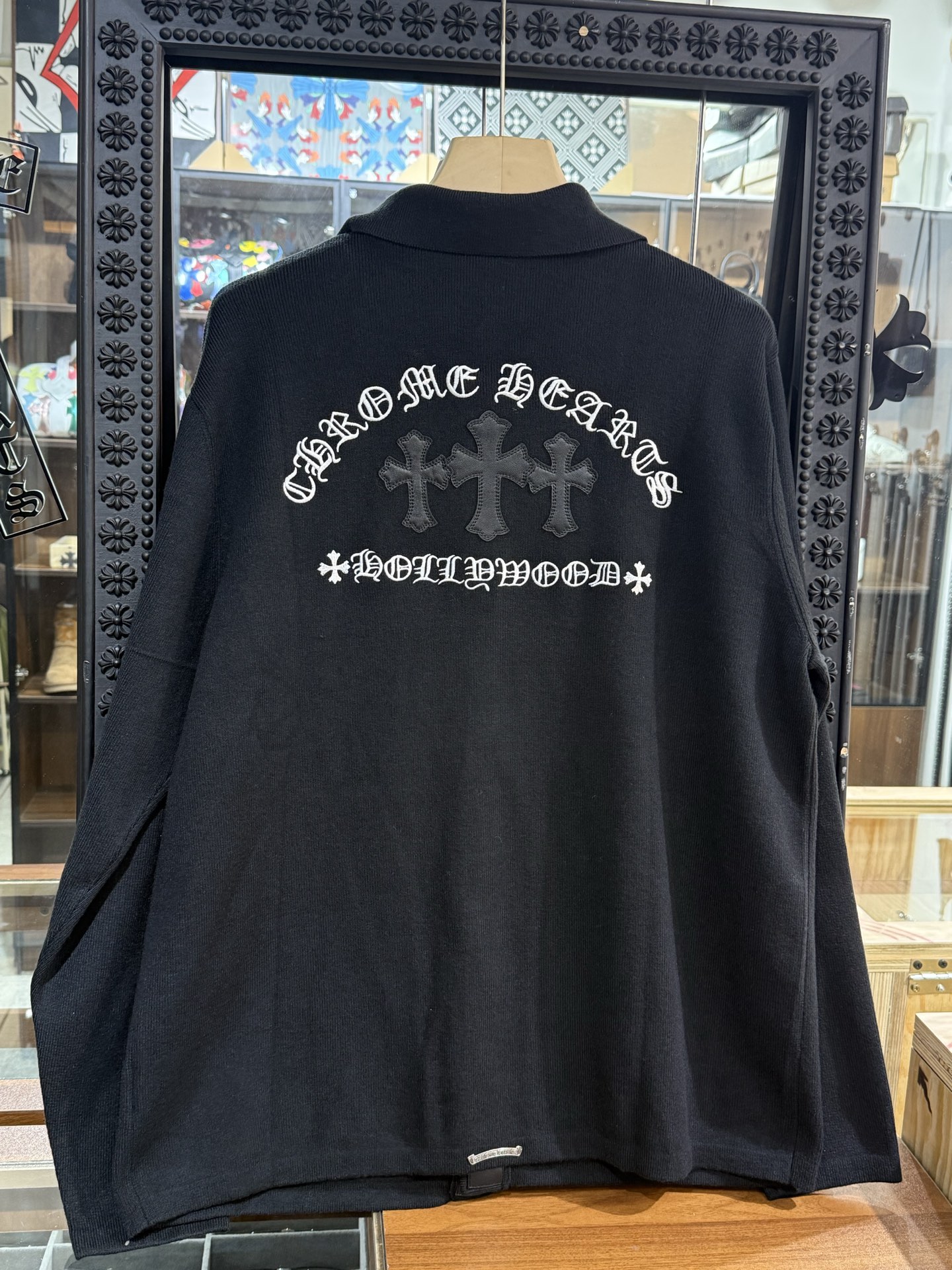 Chrome Hearts Black Cashmere Cardigan with Cross Applique and Sanskrit Embroidery; Oversized Silver Button CardiganSize: S M L