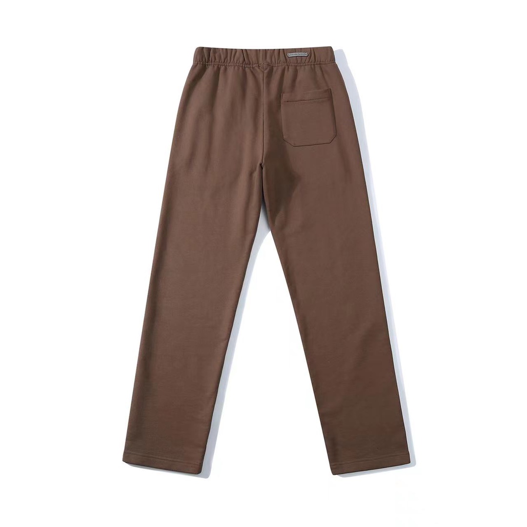 CH Chrome Hearts Limited Edition Chestnut Brown Casual Fleece-Lined Sweatpants. Custom-woven and dyed 480g thickened pure cotton knit fabric with imported top-grain lambskin (not ordinary synthetic leather). Custom-made silver decorative buckles. War