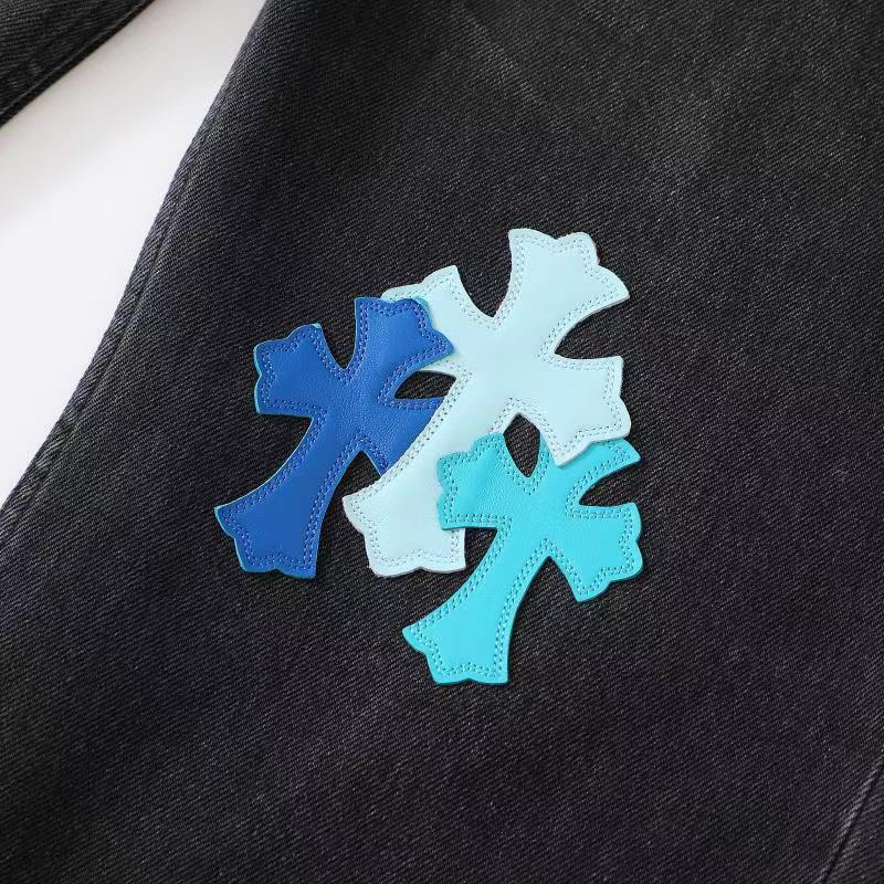 CH London Exclusive Blue Leather Patchwork Black Jeans. These jeans feature three shades of blue lambskin (ice blue, lake blue, and dark blue), each meticulously selected from hundreds of samples. The fabric is made with 501 special material for the