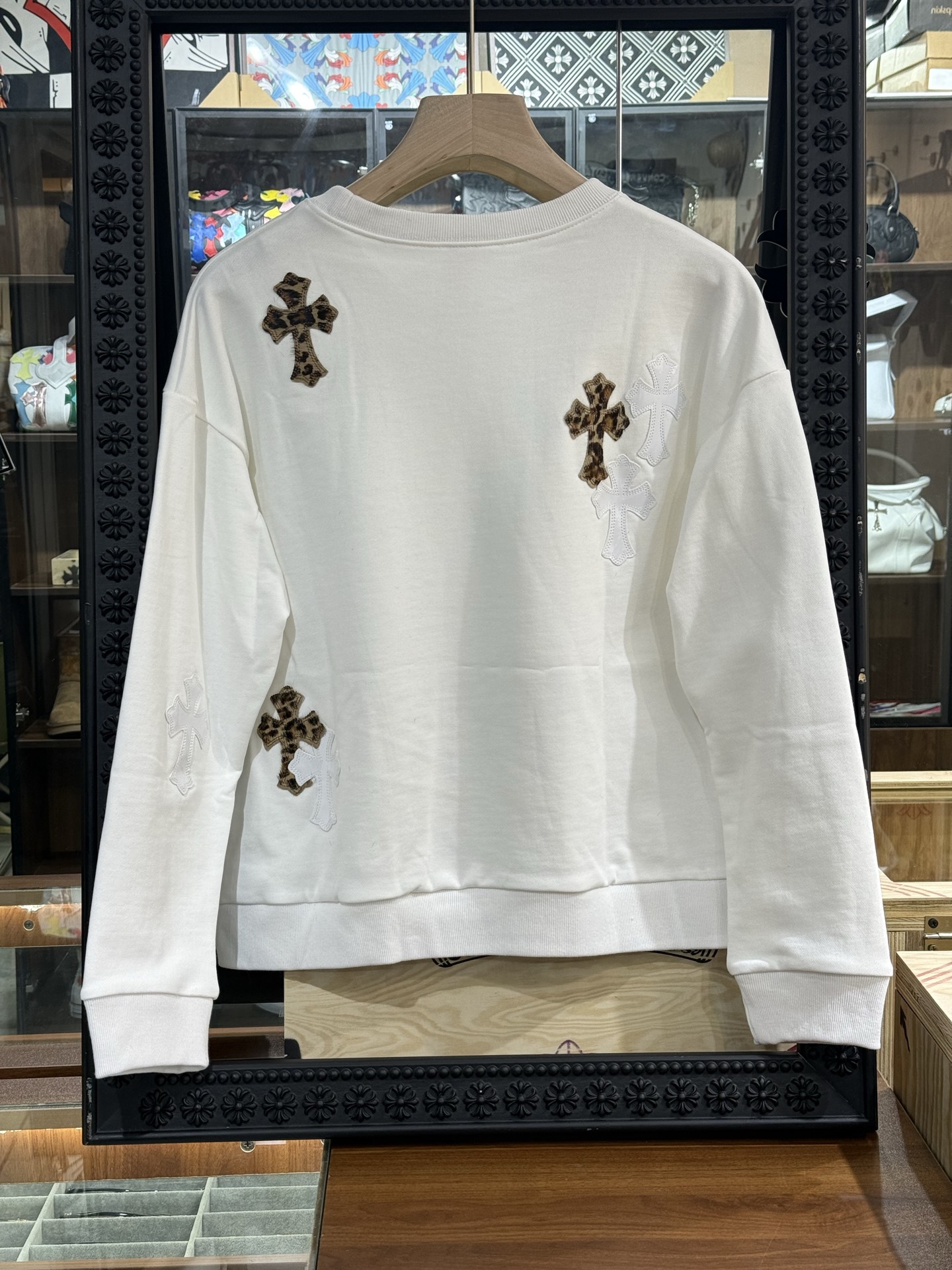 Chrome Hearts New Limited Edition White Leopard Print Patent Leather Cross Patchwork Sweatshirt with Horse Hair Cross PatchworkSize: S M L