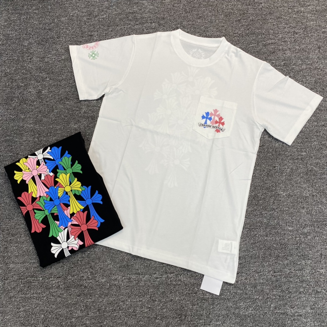 Chrome Hearts CH Colorful Cross Short-Sleeve T-ShirtFurniture: Custom-woven and dyed 40% count 230g pure cotton, single-sided reactive dyeing. The entire garment features a hand-printed thermosetting ink, resulting in a slightly matte finish rather