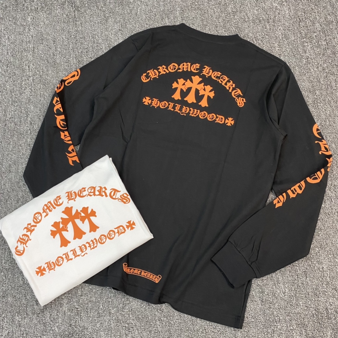 Chrome Hearts 23FW New Orange Logo Long-Sleeve ShirtFurniture: Custom-woven and dyed 40% count 230g pure cotton, single-sided reactive dyeing. The entire garment features a hand-printed thermosetting ink, resulting in a slightly matte finish rather