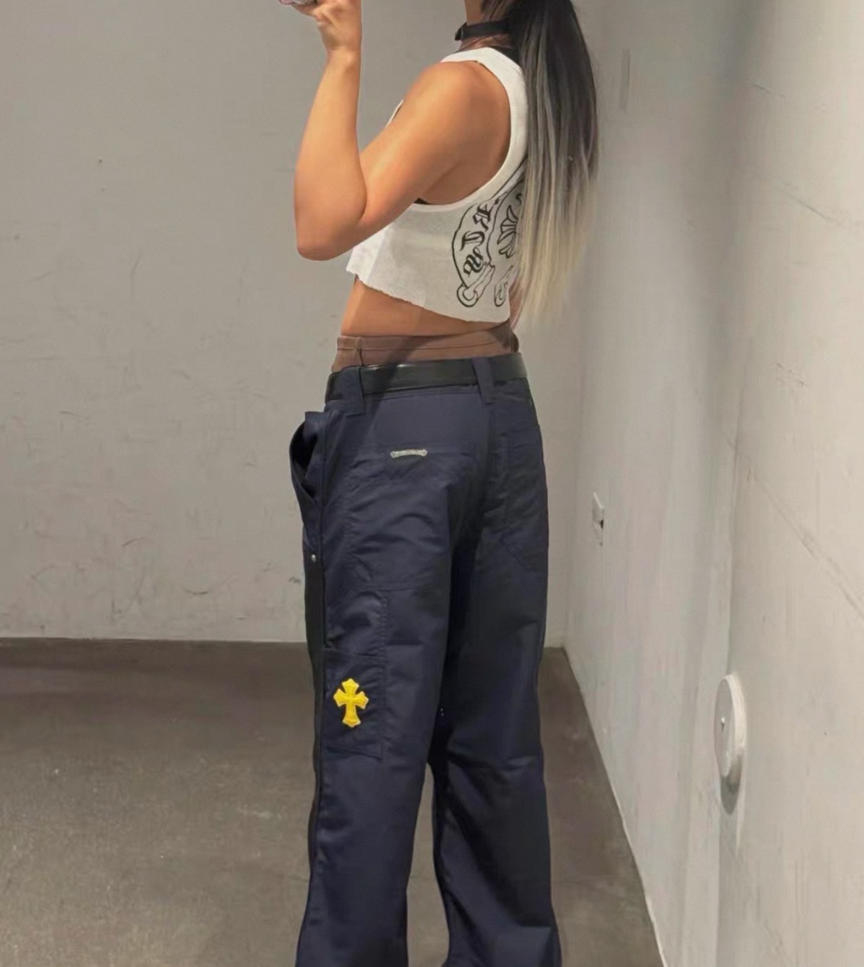 Chrome Hearts New Pants with Leather Patched and Logging FeaturesMatched design and color; silver-plated hardwareYellow leather cross on the backBoth knees are made from a single piece of leatherSizes 28, 30, 32, 34