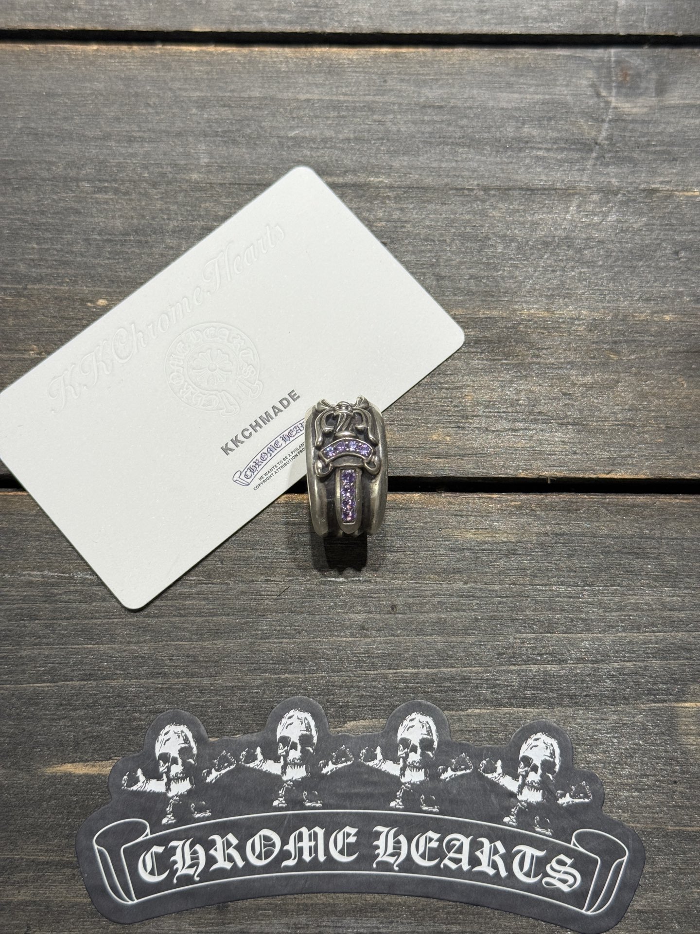 Custom-made purple diamond-encrusted sword and dagger ring for our client. Top-tier setting craftsmanship and perfect engraving details.