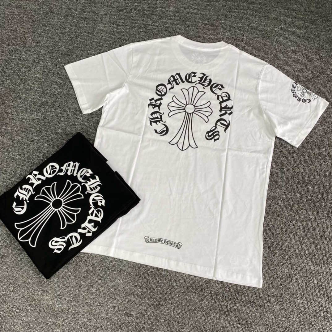 Chrome Hearts Fall/Winter 2022 Collection: Crew Neck Short-Sleeve T-Shirt with Cross and Sanskrit Design. Features a patch pocket on the front chest with a classic cross design, brand label print on the side cuffs, a large logo on the back, and a cot