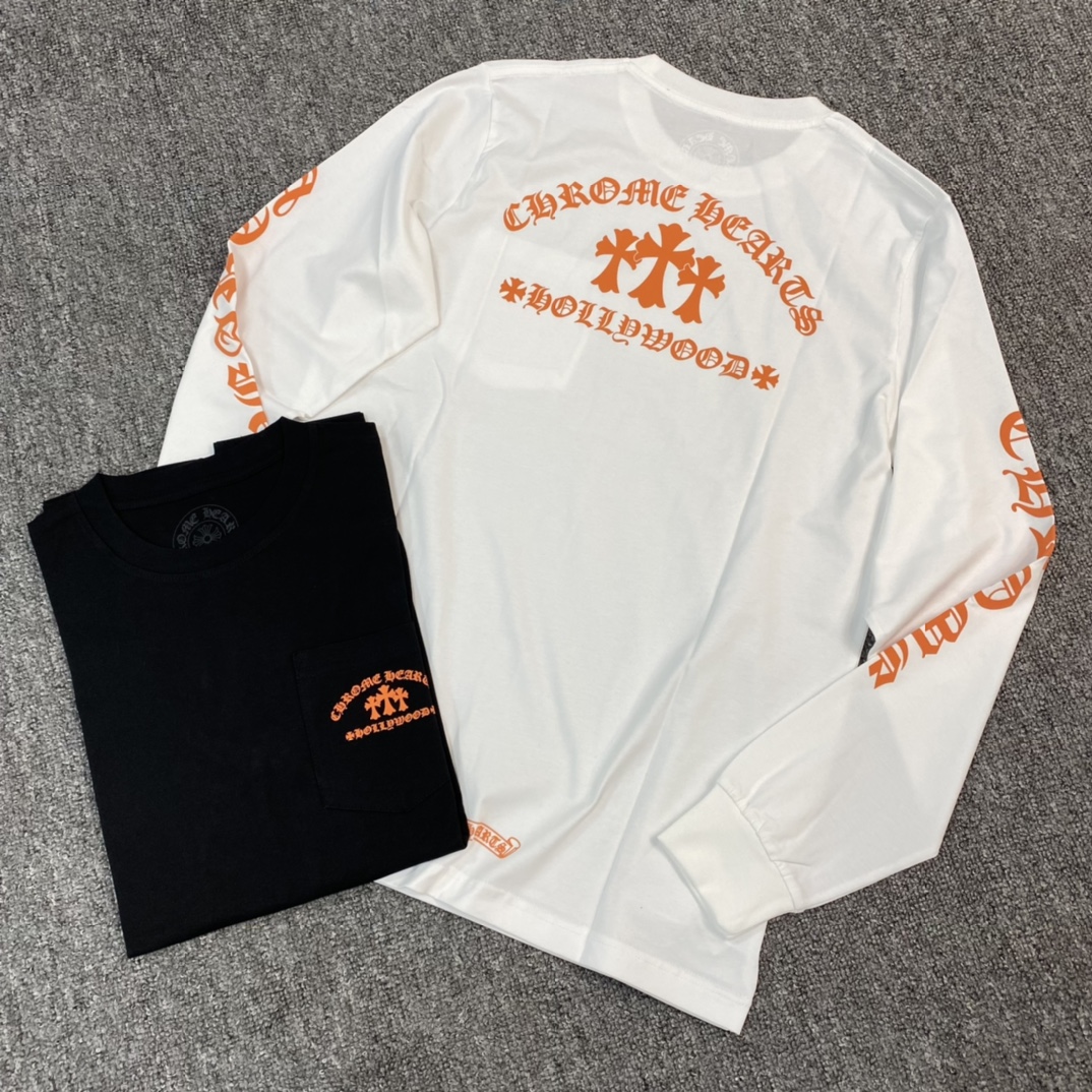 Chrome Hearts 23FW New Orange Logo Long-Sleeve ShirtFurniture: Custom-woven and dyed 40% count 230g pure cotton, single-sided reactive dyeing. The entire garment features a hand-printed thermosetting ink, resulting in a slightly matte finish rather