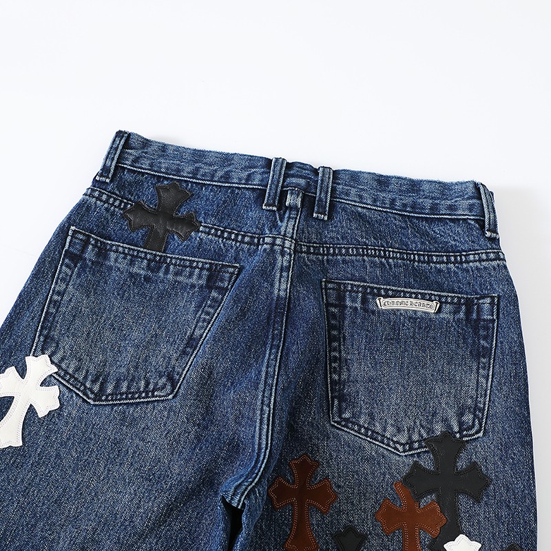 In Stock, Ships ImmediatelyChrome Hearts Limited Edition Leather-Patched Black, White, Brown Suede Cross Blue DenimThis CH denim is a VIP exclusive (only available to VIPs).Not an official website item, making it even rarer!Upon receiving it,