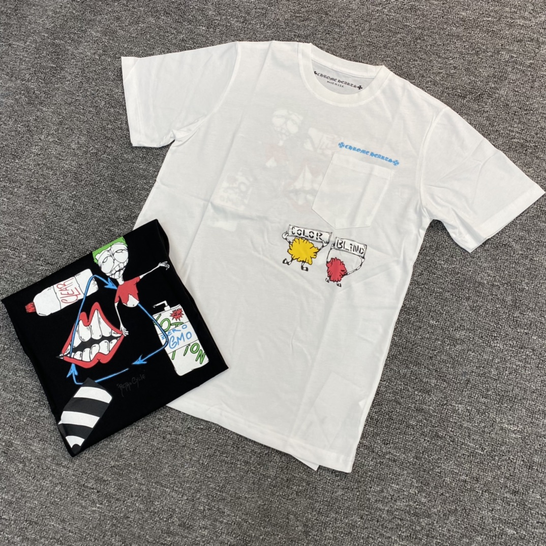 Chrome Hearts Limited Edition Short-Sleeve T-ShirtFurthermore, the fabric is custom-woven and dyed at 40% thread count (230g) for pure cotton, single-sided reactive dyeing. The entire garment features a hand-printed thermosetting ink, resulting in