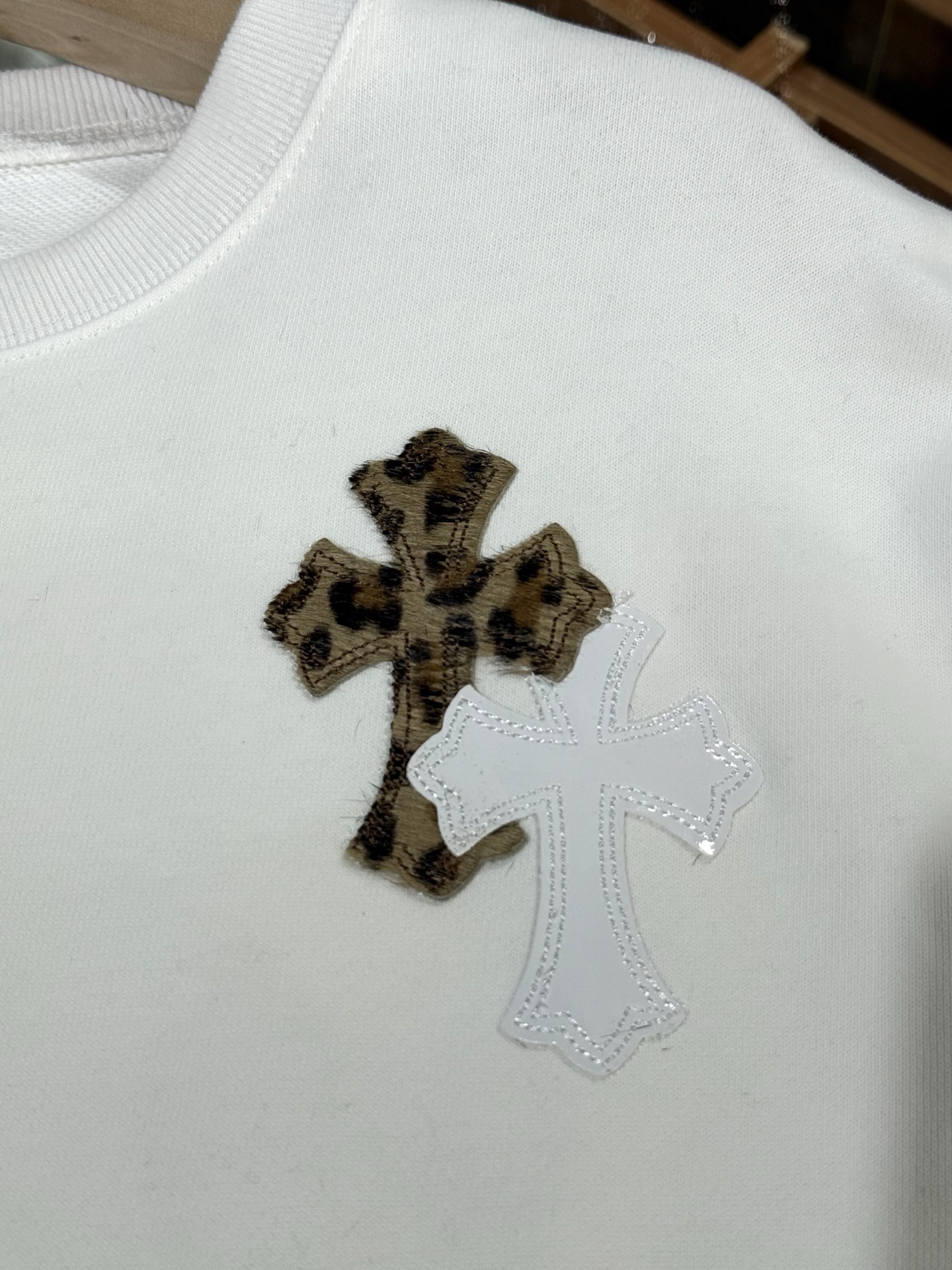 Chrome Hearts New Limited Edition White Leopard Print Patent Leather Cross Patchwork Sweatshirt with Horse Hair Cross PatchworkSize: S M L