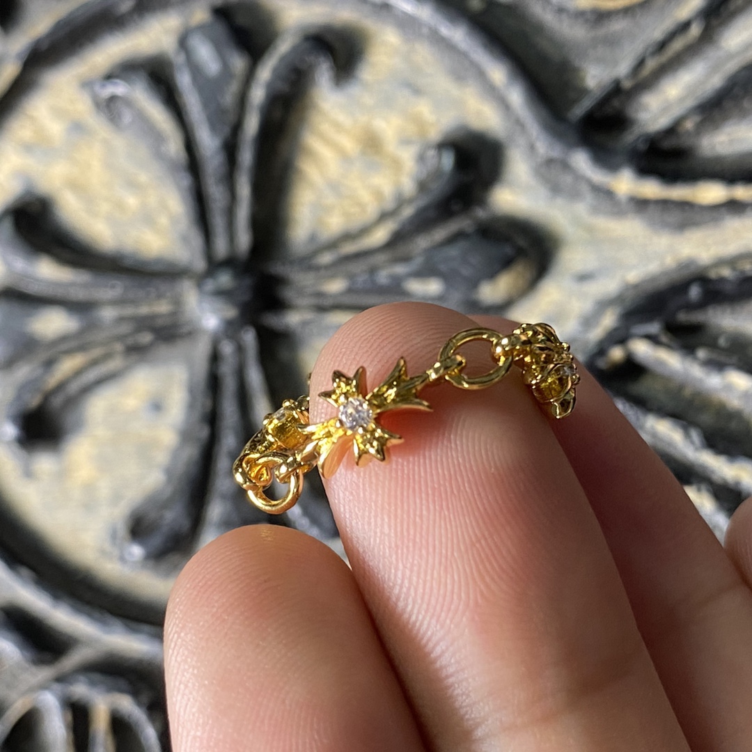 Authentic KkChrome Hearts 22k Gold Single Diamond Long Cross Flower Chain Ring