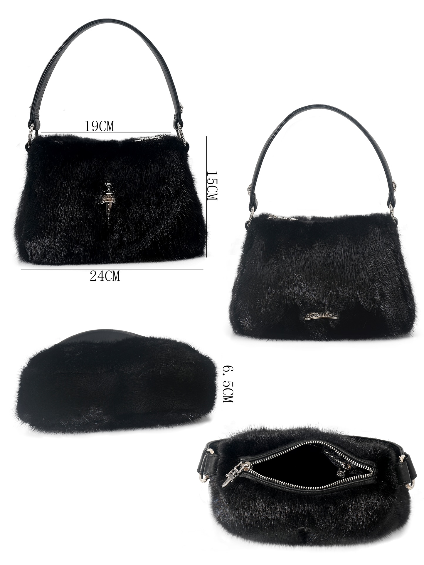 CH_ Small Black Mink Fur Chicken Nugget Shoulder Bag