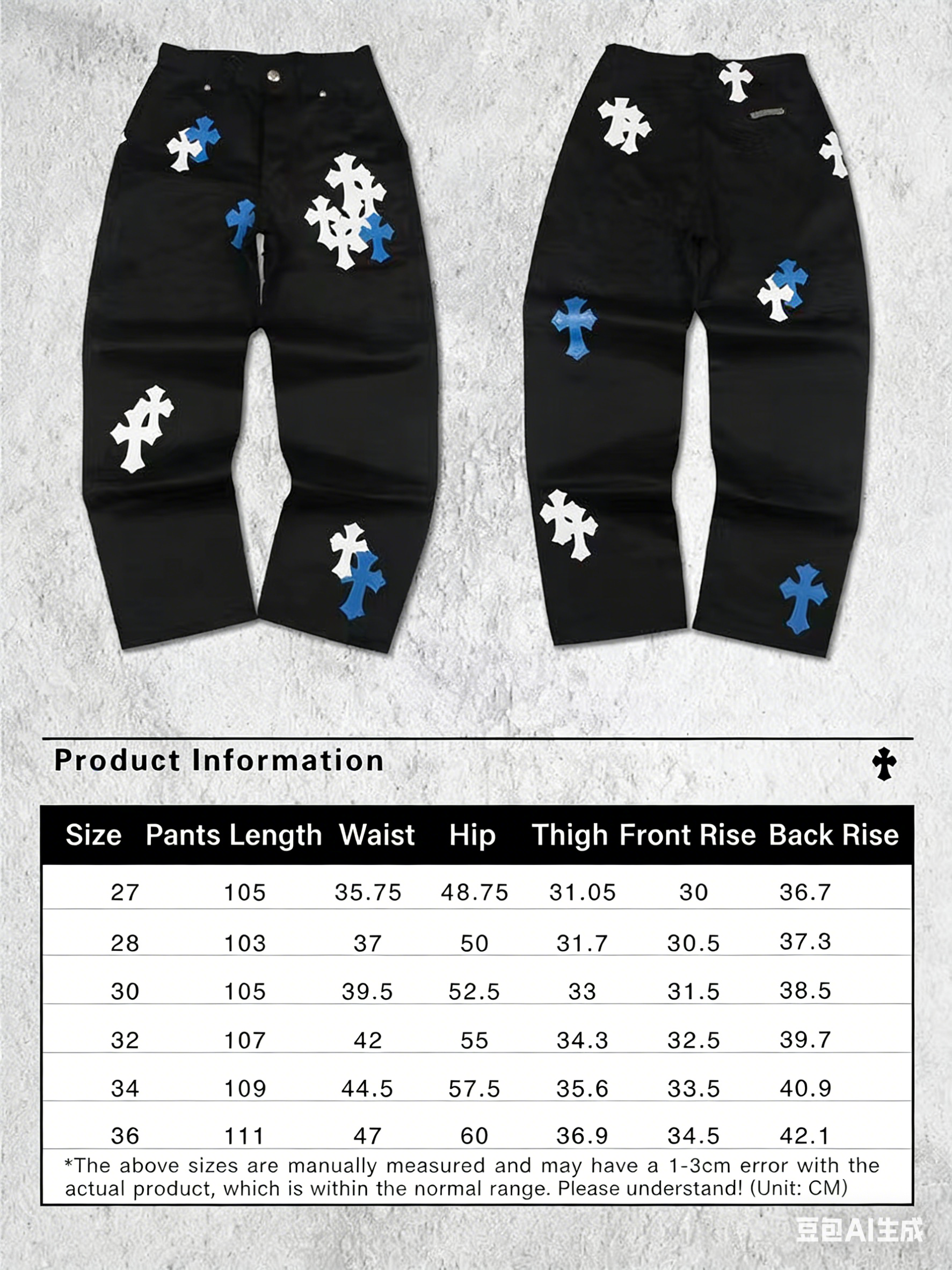 CH Blue and White Cross Cargo Pants, unisex style. Made with double-strand combed cotton yarn. Minimum order quantity 3000 yards. Custom production lead time two months. Attention to detail is paramount. To enhance the fabric's luster and texture, im
