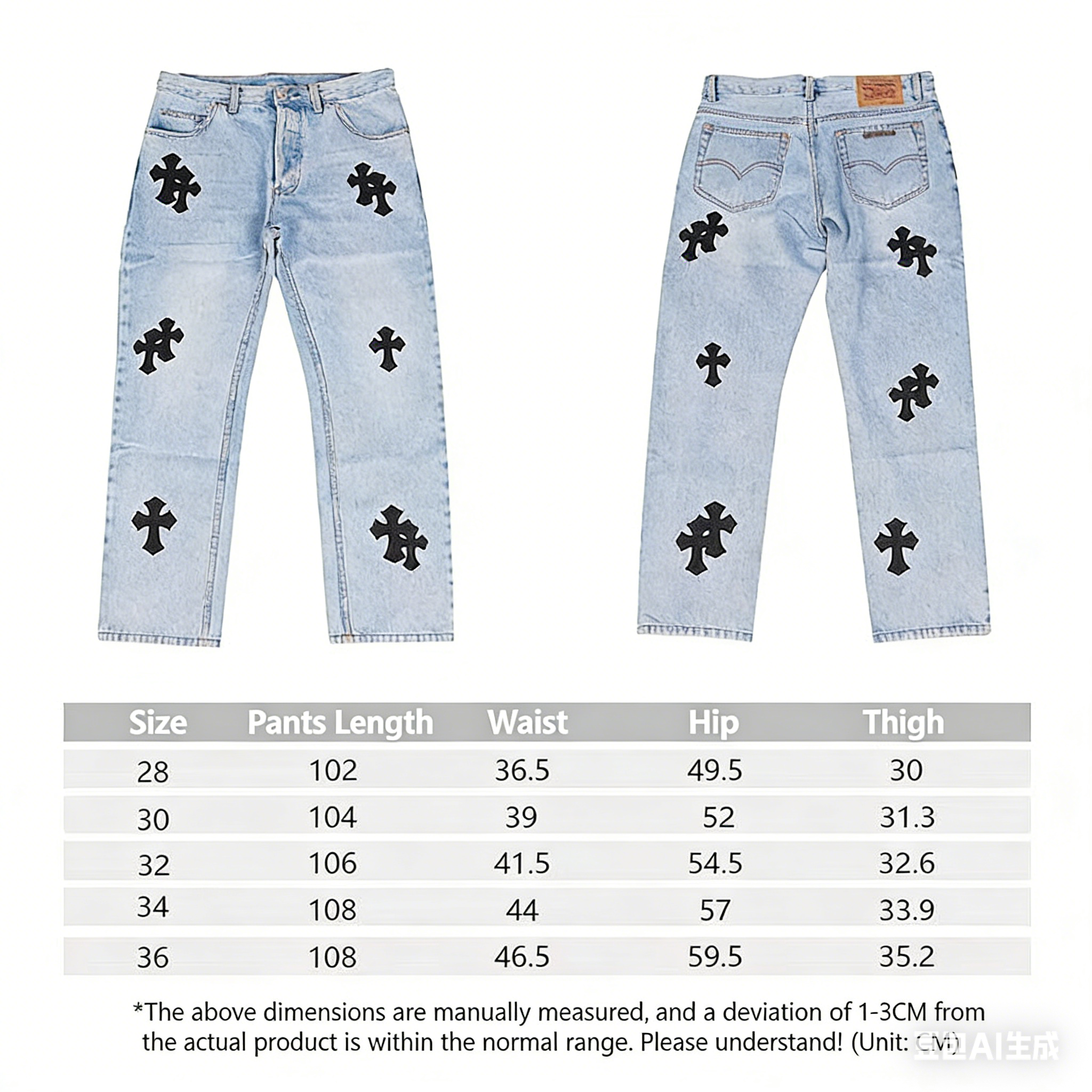 CH Rockheart Jeans; Ningdan 7x7 cotton all-coated denim, blue; Levies 501 sole; 19 genuine leather lambskin crosses in black leather; custom-made full set with genuine silver plating (not imitation silver!).