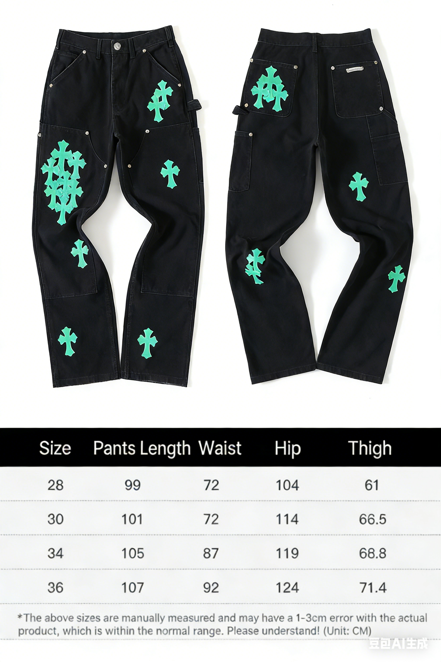 CH Distressed Carhart Style Work Pants with Green Leather PatchesThe fabric is a high-density, high-count, high-resin reactive black cotton Juvan.The fabric's high thread count and density give it a three-dimensional look.It's thick yet soft an