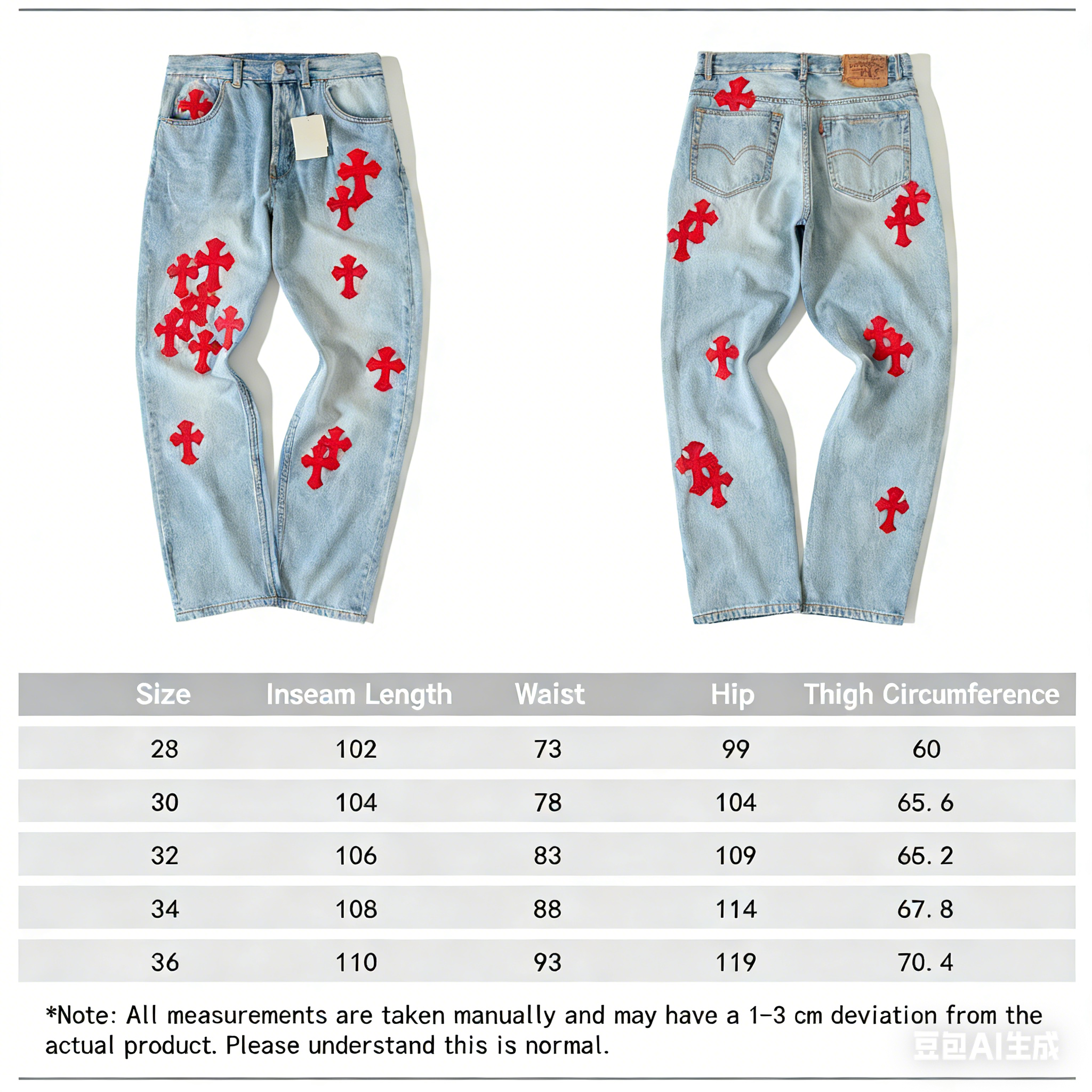 CH Rockheart Jeans; Ningdan 7x7 cotton 100% denim blue; Levies 501 sole; Genuine lambskin white leather with cross lettering; Custom-made full set with genuine silver plating (not imitation silver!).