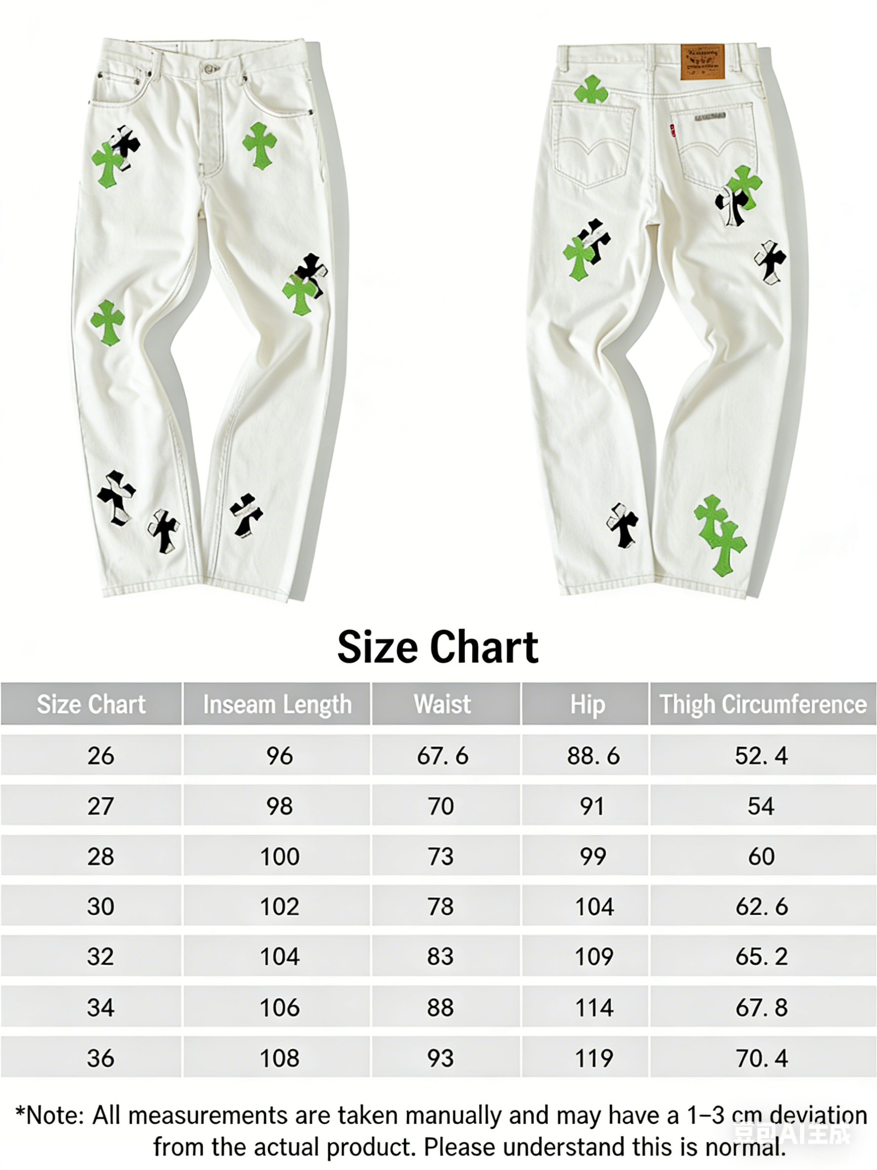 Horsehair Apple Green Cross JeansWe've released men's and women's versions of these jeans, as they look great on women too!The cross is made from genuine horsehair.Exclusive, authentic version available. Feel free to compare from any angle!Th