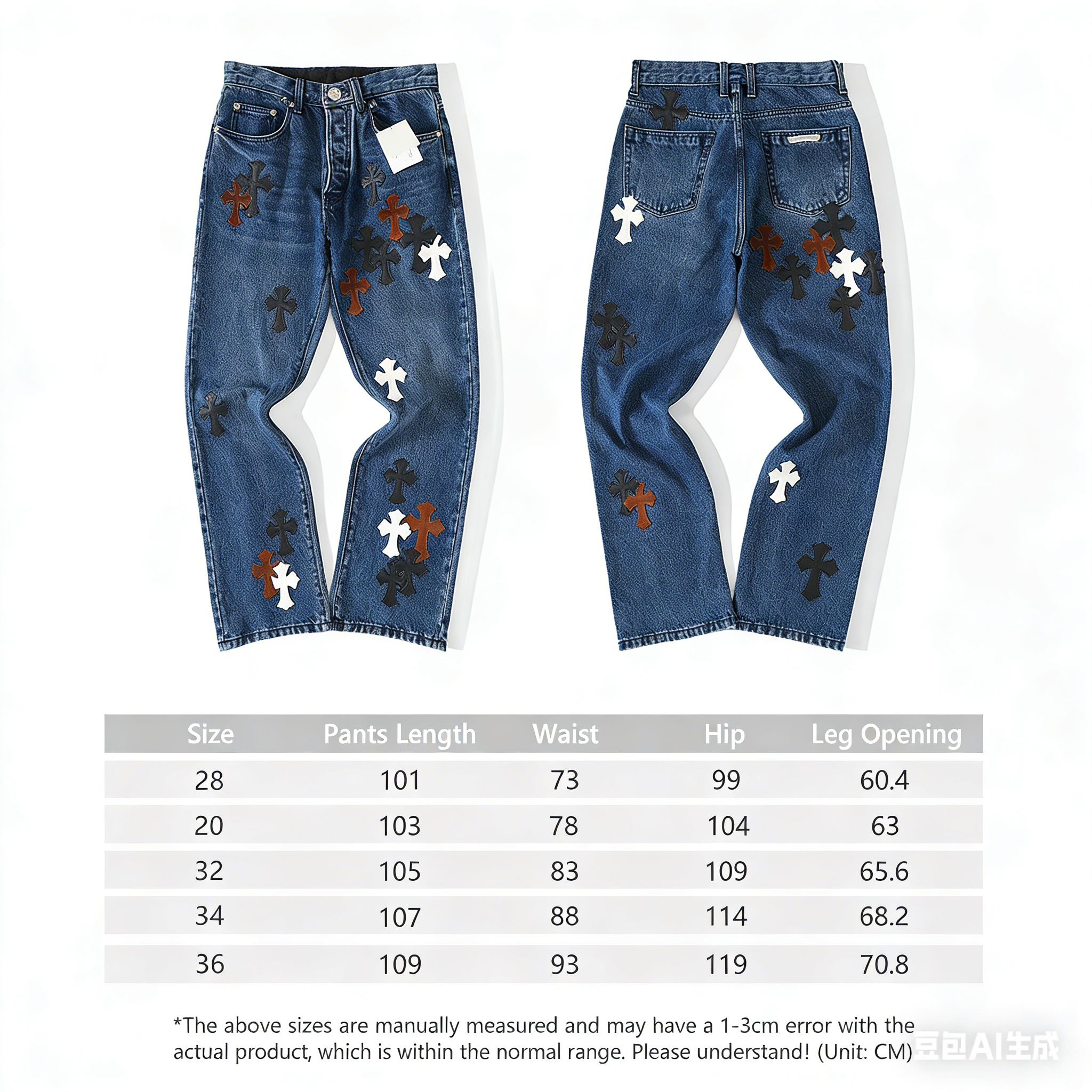 In Stock, Ships ImmediatelyChrome Hearts Limited Edition Leather-Patched Black, White, Brown Suede Cross Blue DenimThis CH denim is a VIP exclusive (only available to VIPs).Not an official website item, making it even rarer!Upon receiving it,