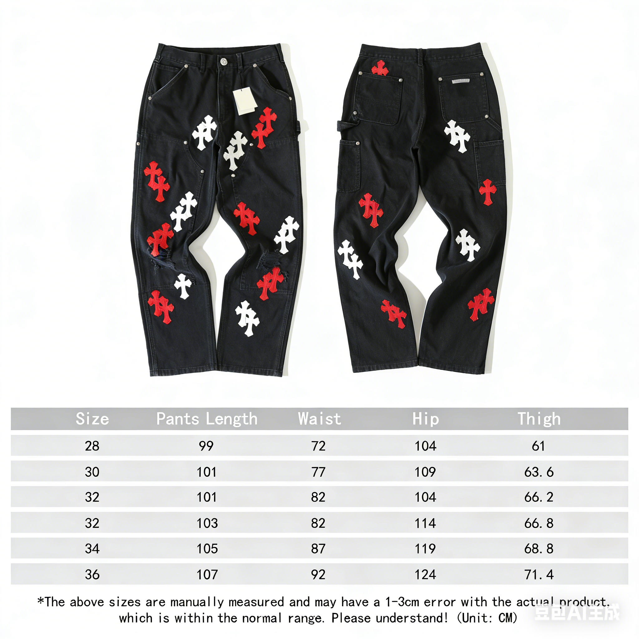 CH Genuine Leather Embroidered Chrome Hearts Jeans, made with custom-made 390g high-denim fabric, featuring custom-made silver-plated Chrome Hearts buttons. The crosses are hand-embroidered from top-grain sheepskin (27 genuine leather crosses in tota