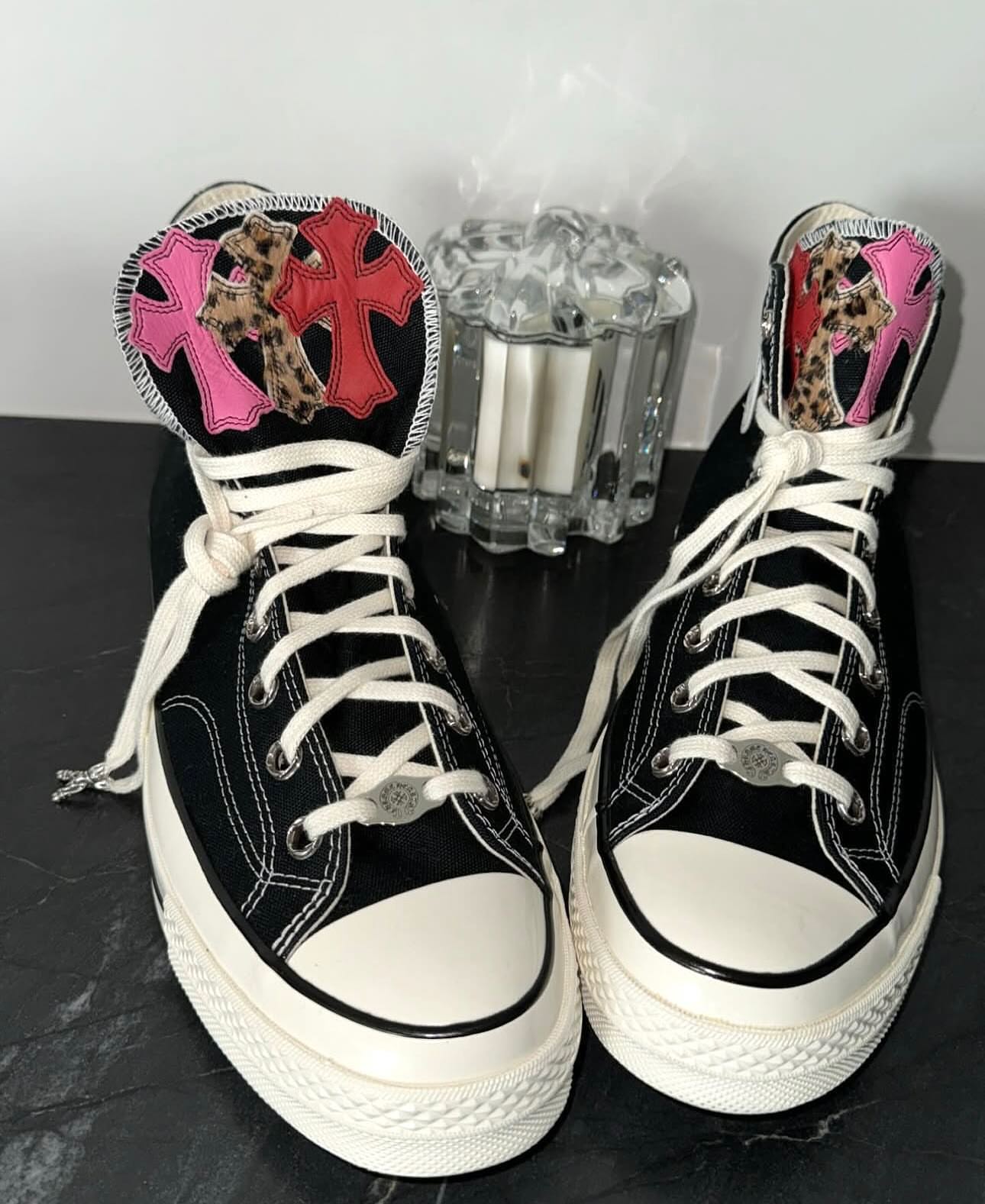 CH Chromehearts × Converse Sword and Dagger Triple Cross Leather Black Converse High-Top Canvas Sneakers