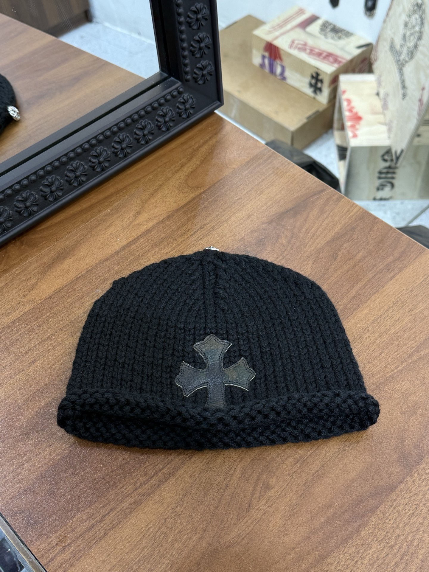 CH Leather Cross Patch Woolen Knitted Cold Hat. 100% Goat Hair.