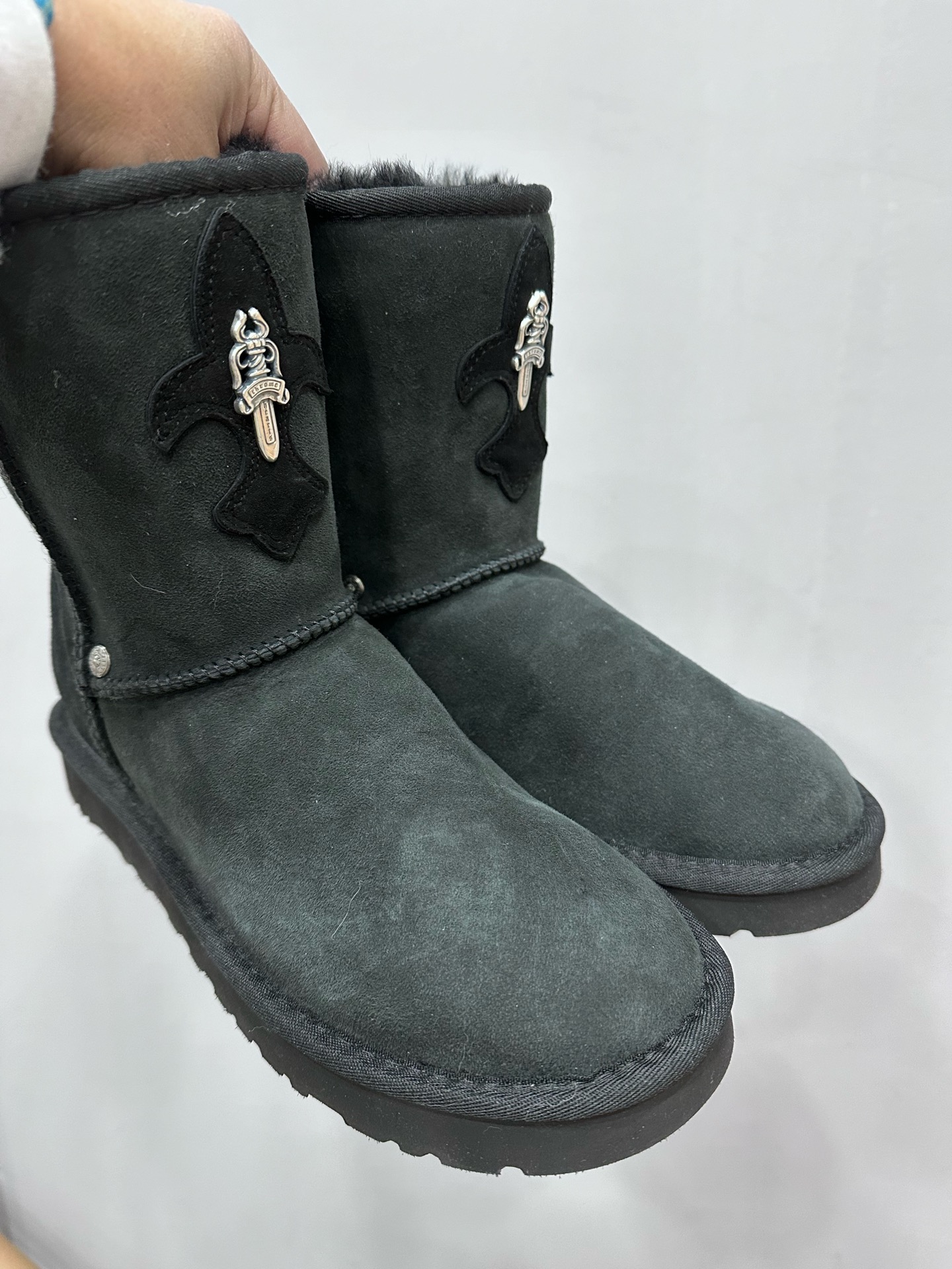 CH x UGG Black Leather Embroidered Sword Style Mid-Calf Snow Boots