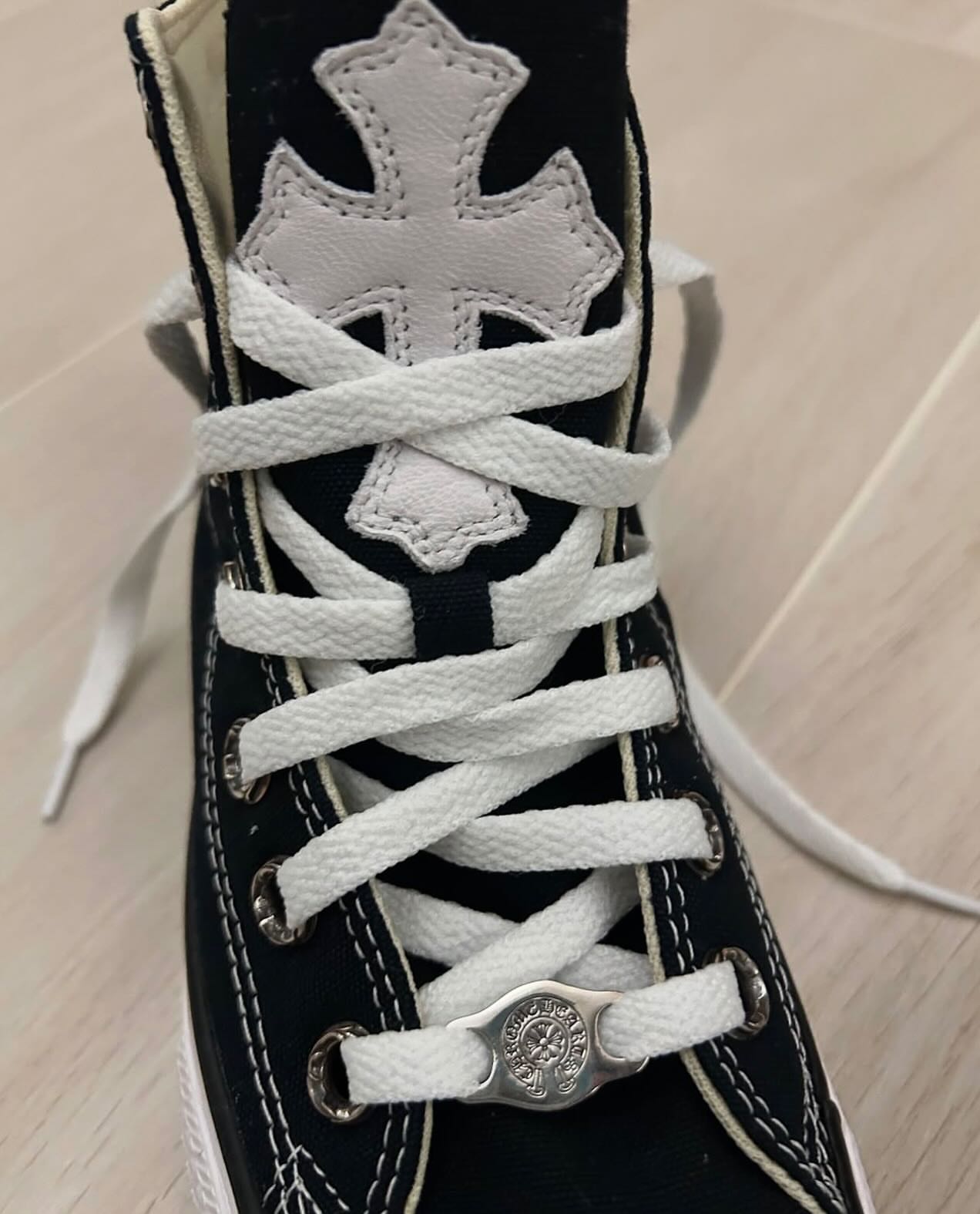 CH Chromehearts × Converse Sword and Dagger White Cross-Panel Leather Black Converse High-Top Canvas Sneakers