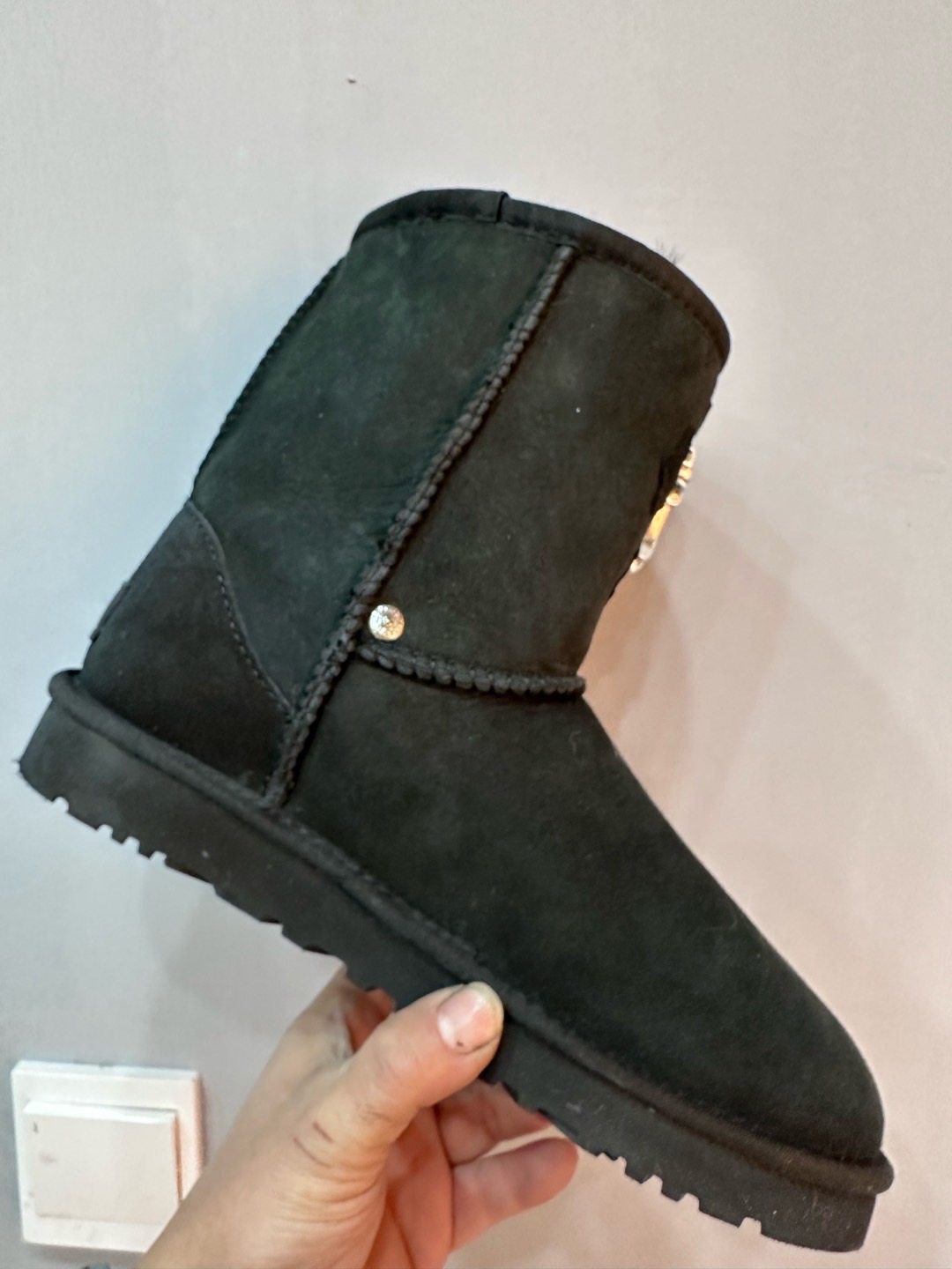 CH x UGG new black leather cross-shaped mid-calf snow boots.