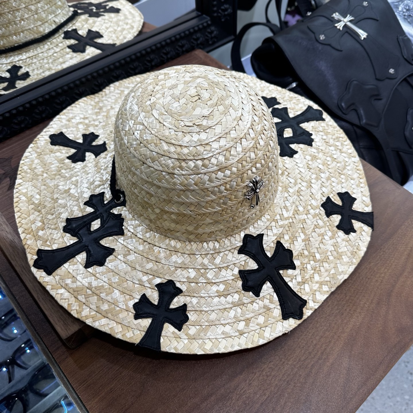 CH Straw Woven Patch Fur Hat, All Sizes