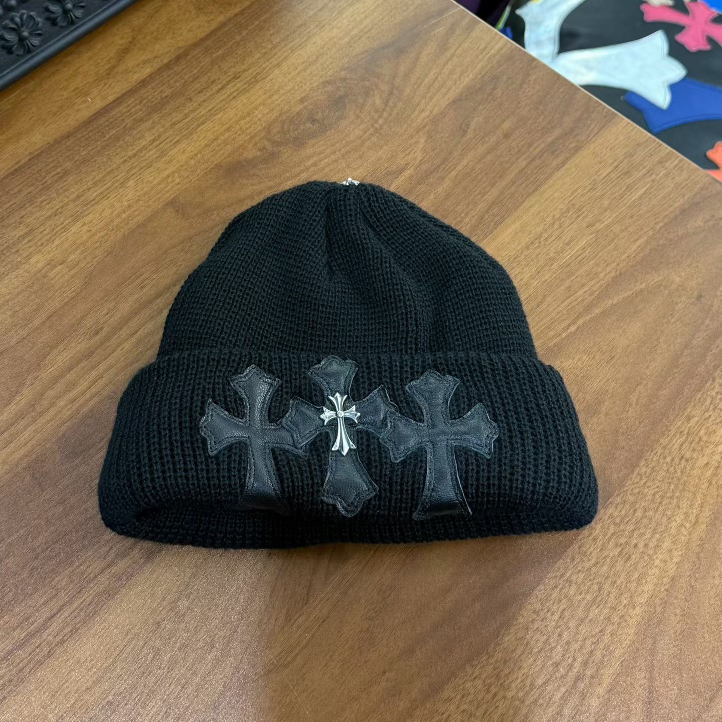CH Black Knitted Leather-Polyurethane Pure Silver Decorated Cross Beaded Cold Hat