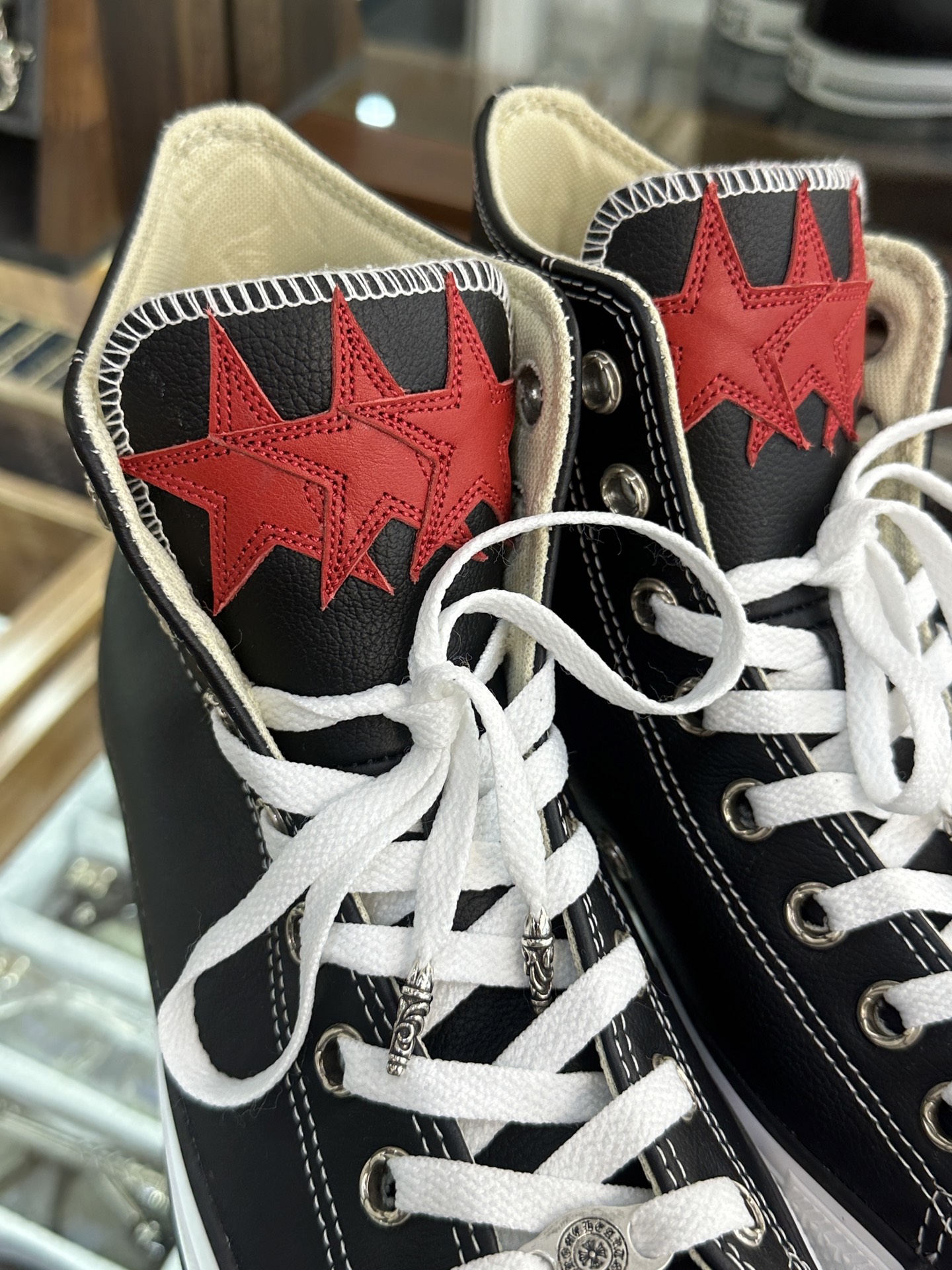 CH Chrome Hearts x Converse All Star High-Top Leather Canvas Shoes with Red Star Trim