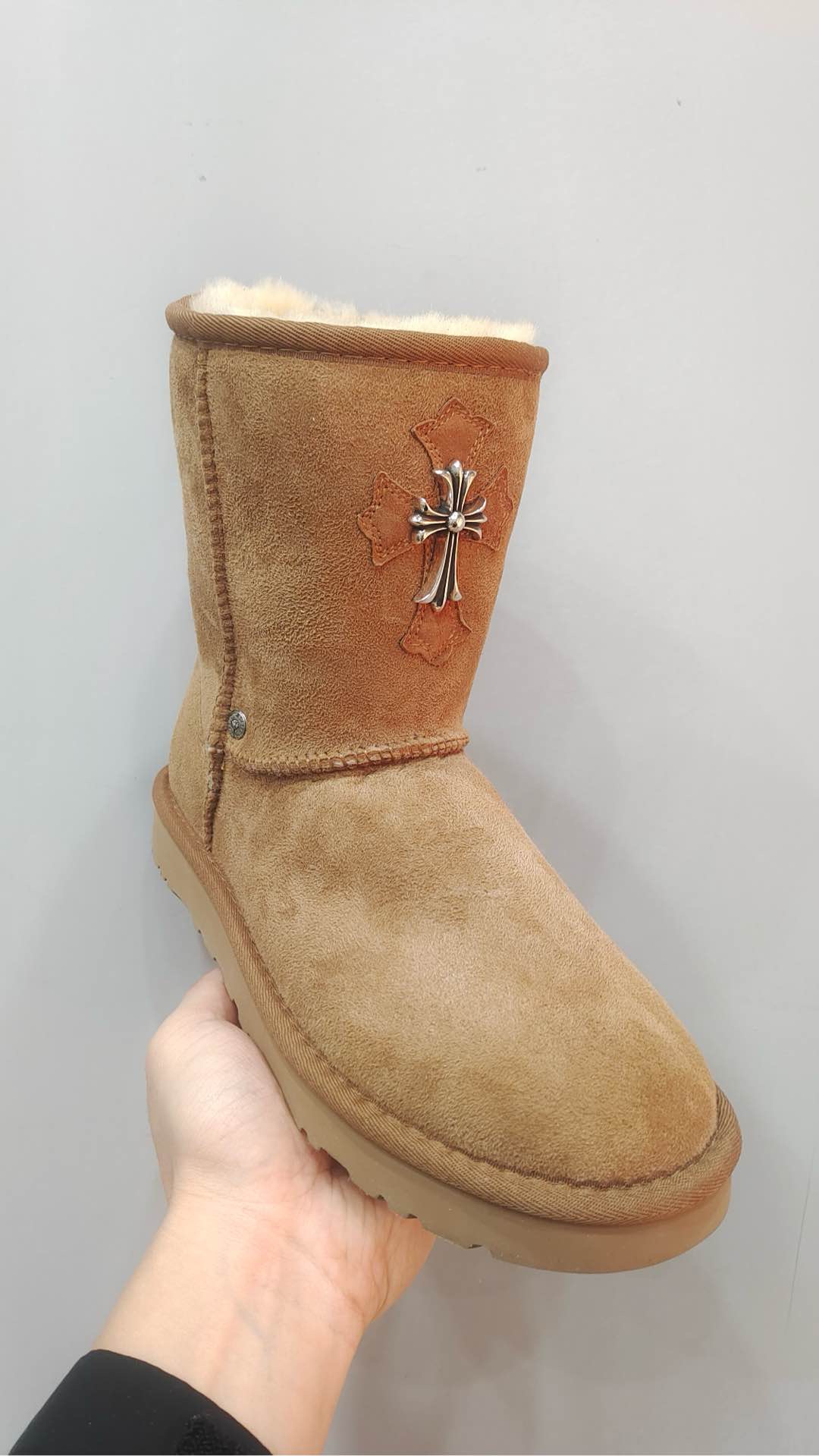 CH x UGG new khaki leather cross-shaped mid-calf snow boots.